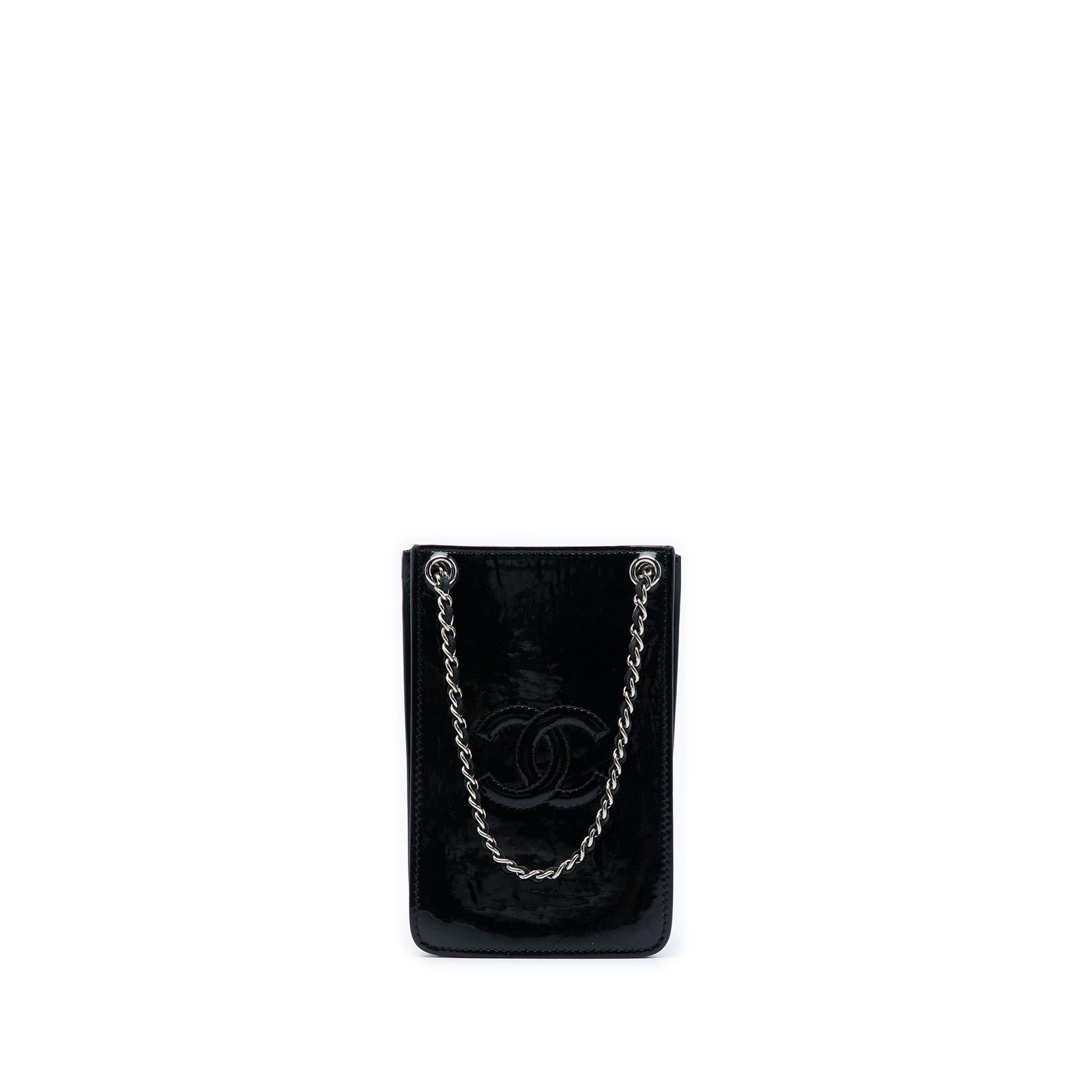Chanel CC Patent Leather Phone Holder Crossbody Bag Black: Chanel CC Patent Leather Phone Holder Crossbody Bag Black A Chanel CC phone holder crossbody crafted in black patent leather with a leather-woven chain strap and leather guard. The design features an 