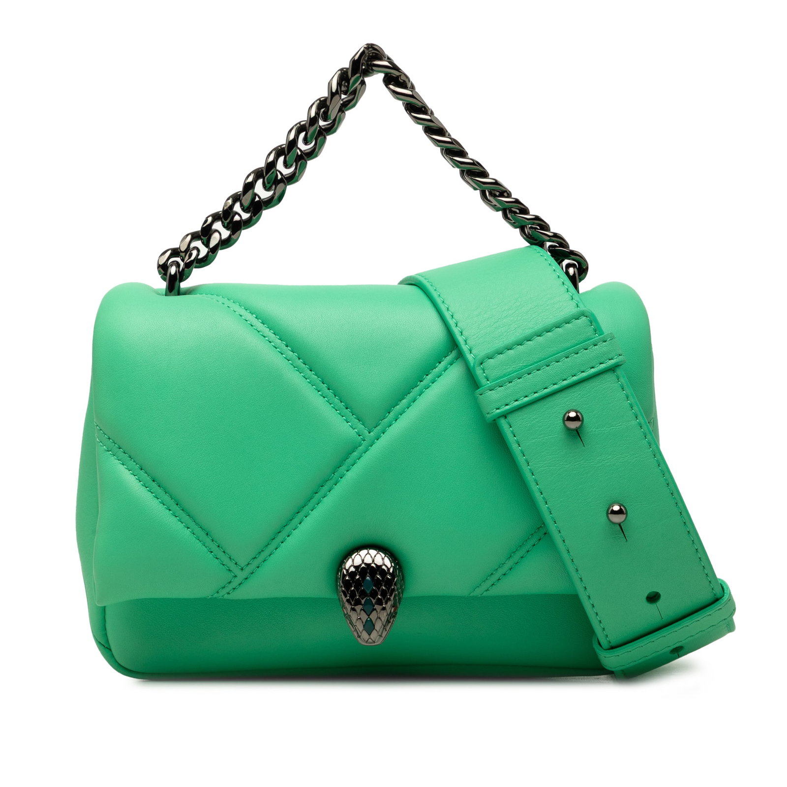 Bvlgari Serpenti Cabochon Mini Leather Satchel Green: Bvlgari Serpenti Cabochon Mini Leather Satchel Green A compact Bvlgari Serpenti Cabochon satchel crafted in green leather. This mini bag features a curb chain link handle, a detachable and adjustable 