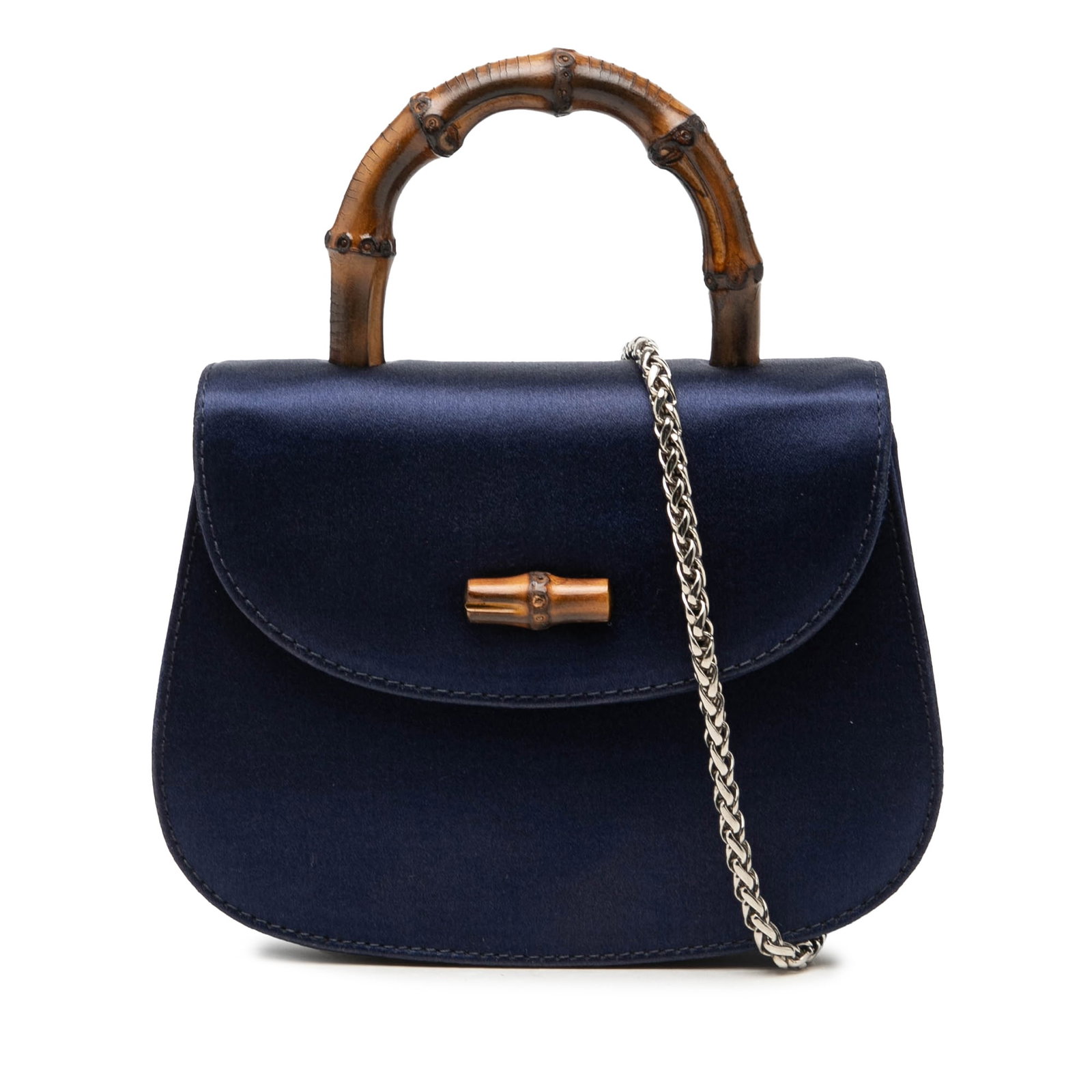 Gucci Mini Satin Bamboo Night Blue Satin Shoulder Bag: Gucci Mini Satin Bamboo Night Blue Satin Shoulder Bag A compact Gucci evening bag crafted with a satin body and signature bamboo details. This mini bag features a bamboo top handle, a detachable chain