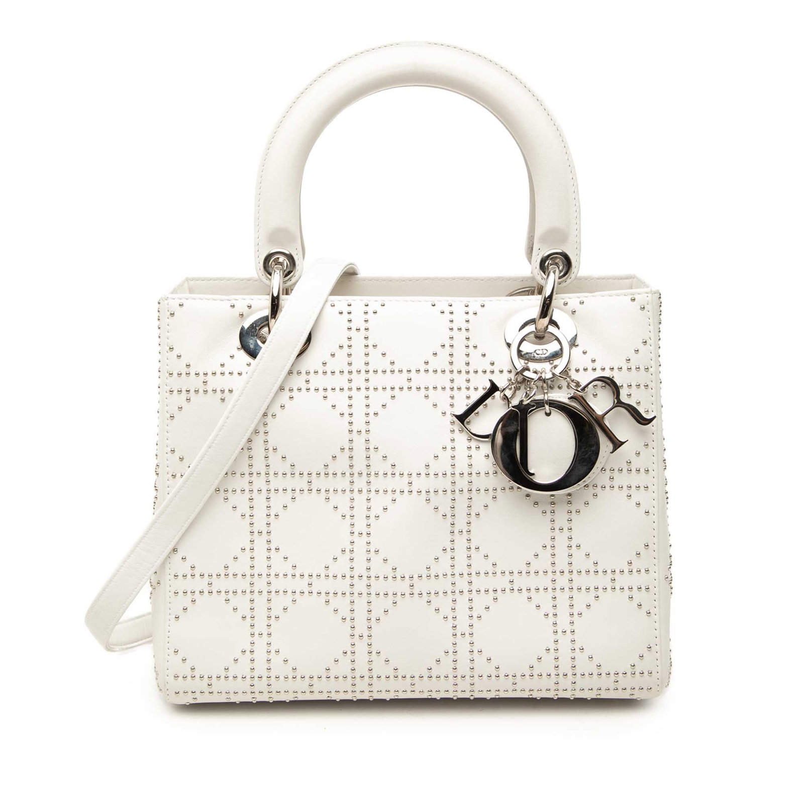 Dior Lady Dior Medium Studded Calfskin Handbag White: Dior Lady Dior Medium Studded Calfskin Handbag White A medium Lady Dior handbag crafted in white calfskin with studded detailing. It features flat leather top handles, a detachable flat strap, a top z