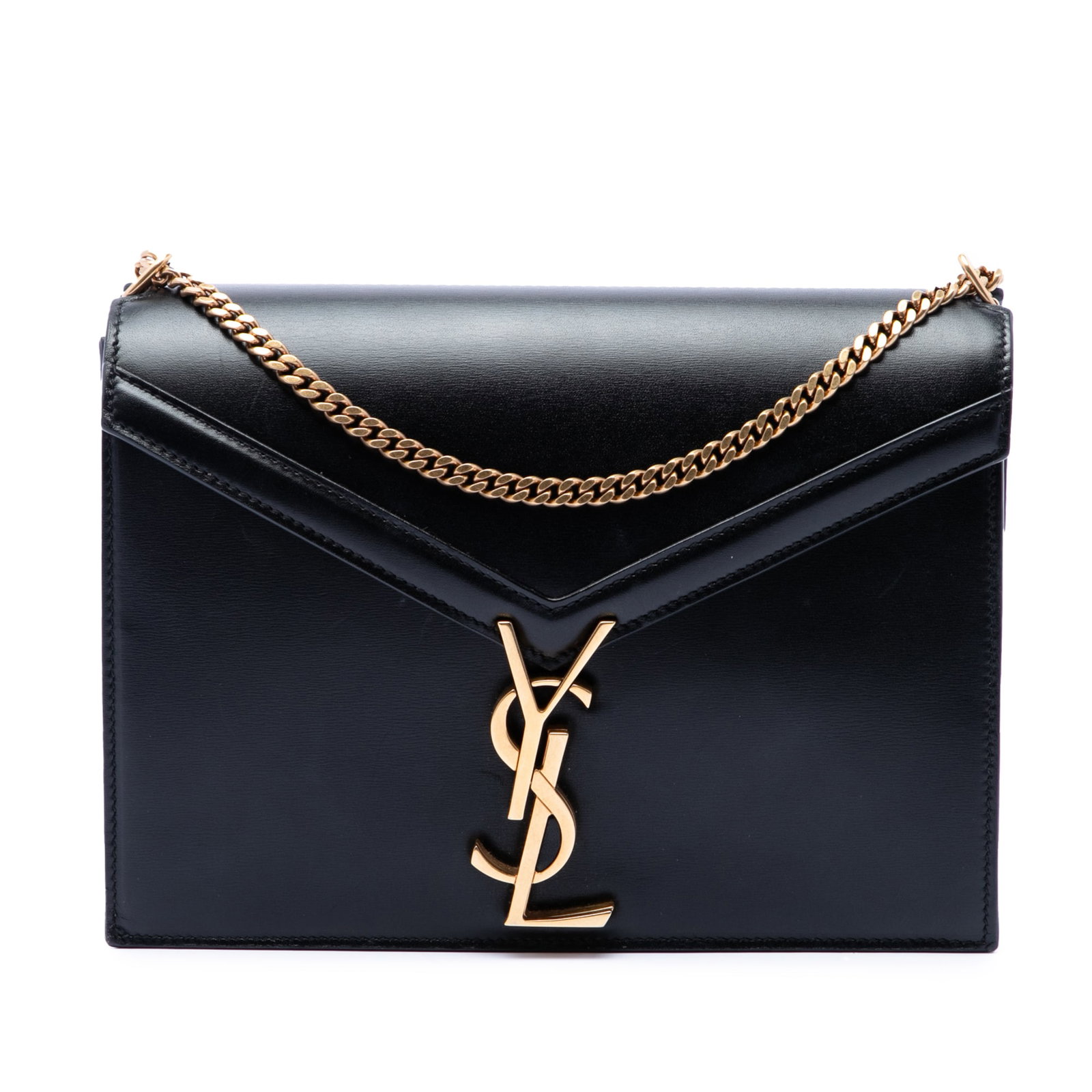 Saint Laurent Cassandra Clasp Shoulder Bag in Black Calfskin: Saint Laurent Cassandra Clasp Shoulder Bag in Black Calfskin This Saint Laurent Cassandra clasp bag is crafted in smooth calfskin leather and features the signature front flap with a metal YSL logo an