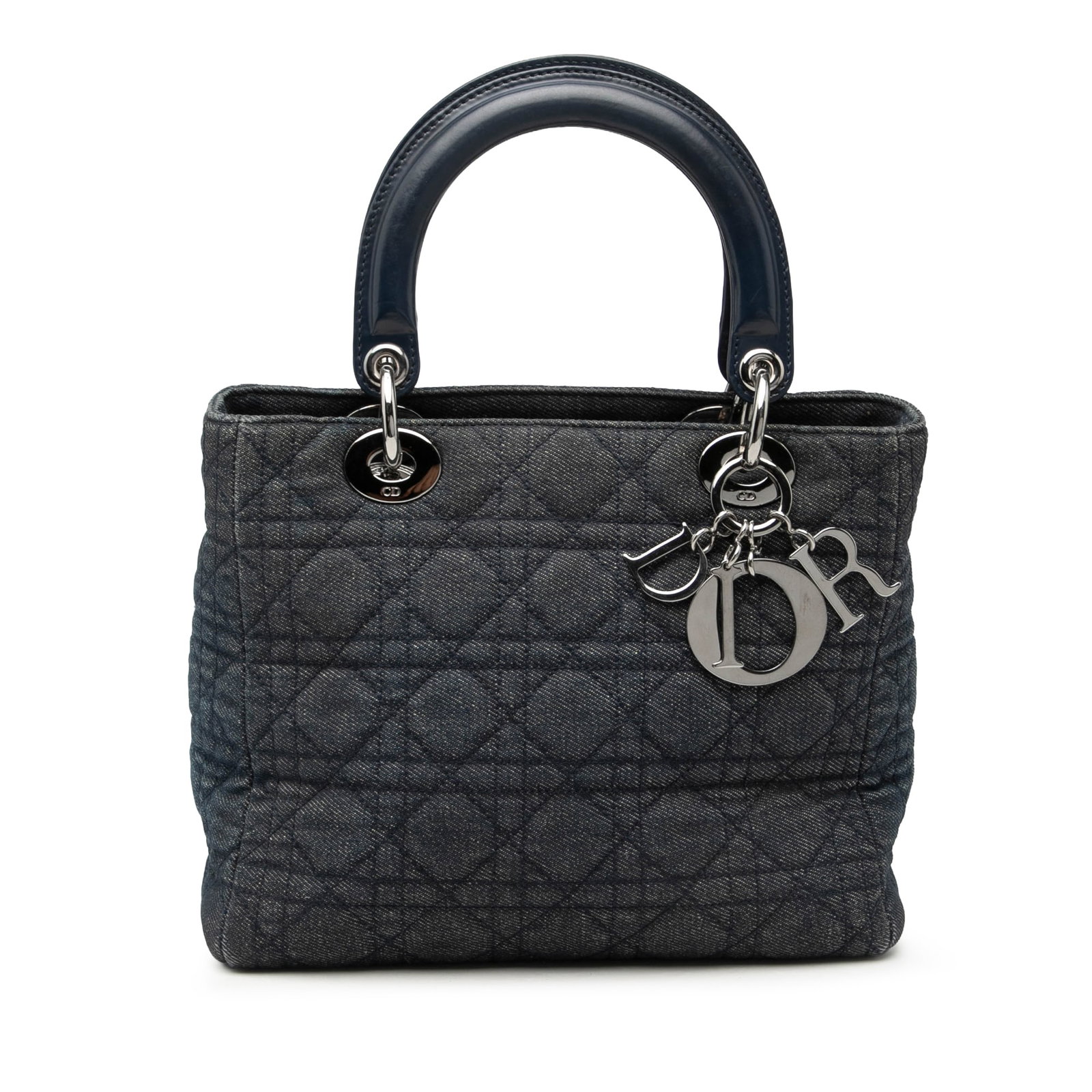 Dior Lady Dior Medium Cannage Denim Satchel Blue: Dior Lady Dior Medium Cannage Denim Satchel Blue A Medium Lady Dior satchel in blue quilted denim with the Cannage pattern. This bag features flat top handles, a top zip closure, and an interior zip p