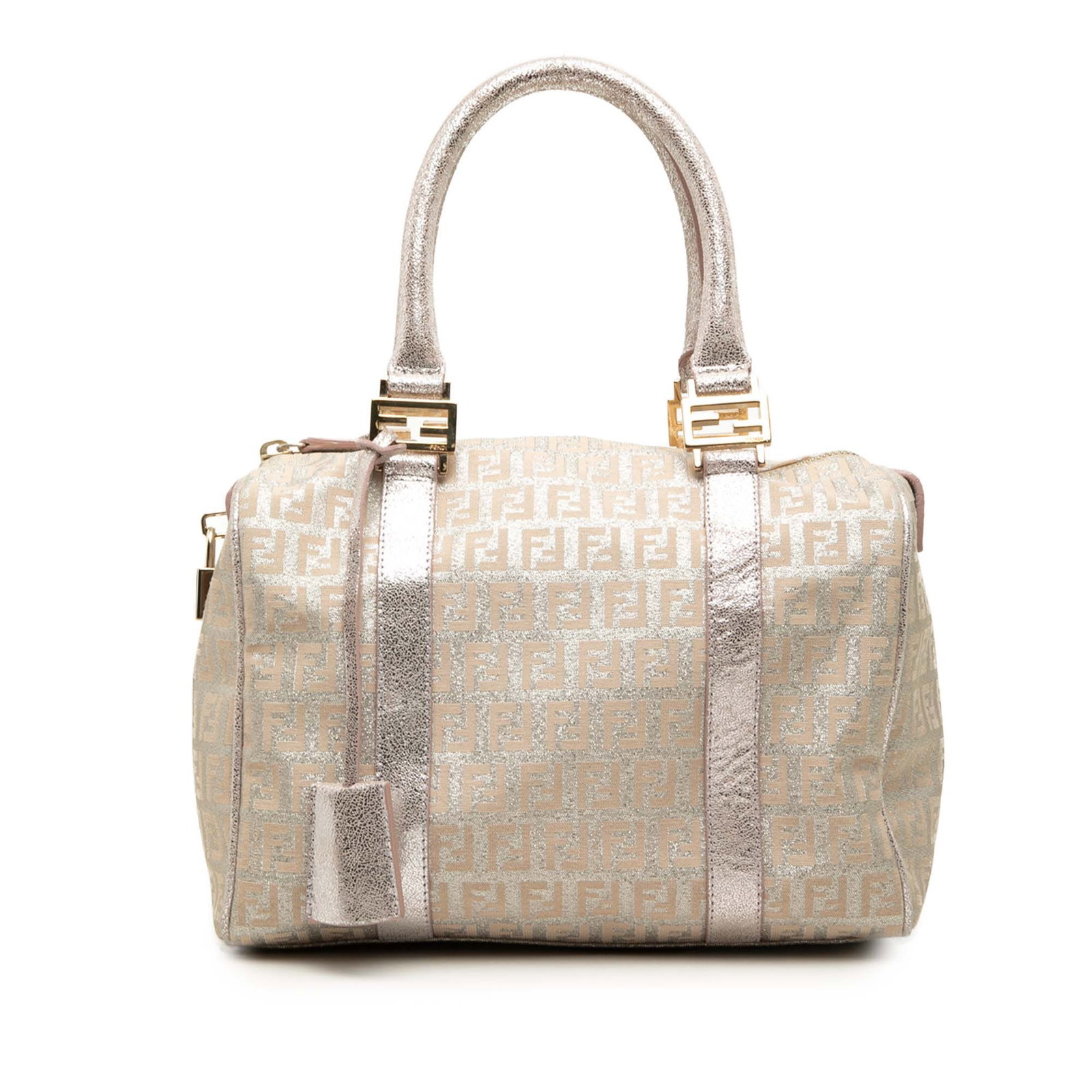 Fendi Forever Bauletto Small Boston Bag in Pink Metallic Canvas: Fendi Forever Bauletto Small Boston Bag in Pink Metallic Canvas A Fendi Small Zucchino Metallic Canvas Forever Bauletto Boston bag in pink with a metallic canvas body, leather trim, rolled leather han
