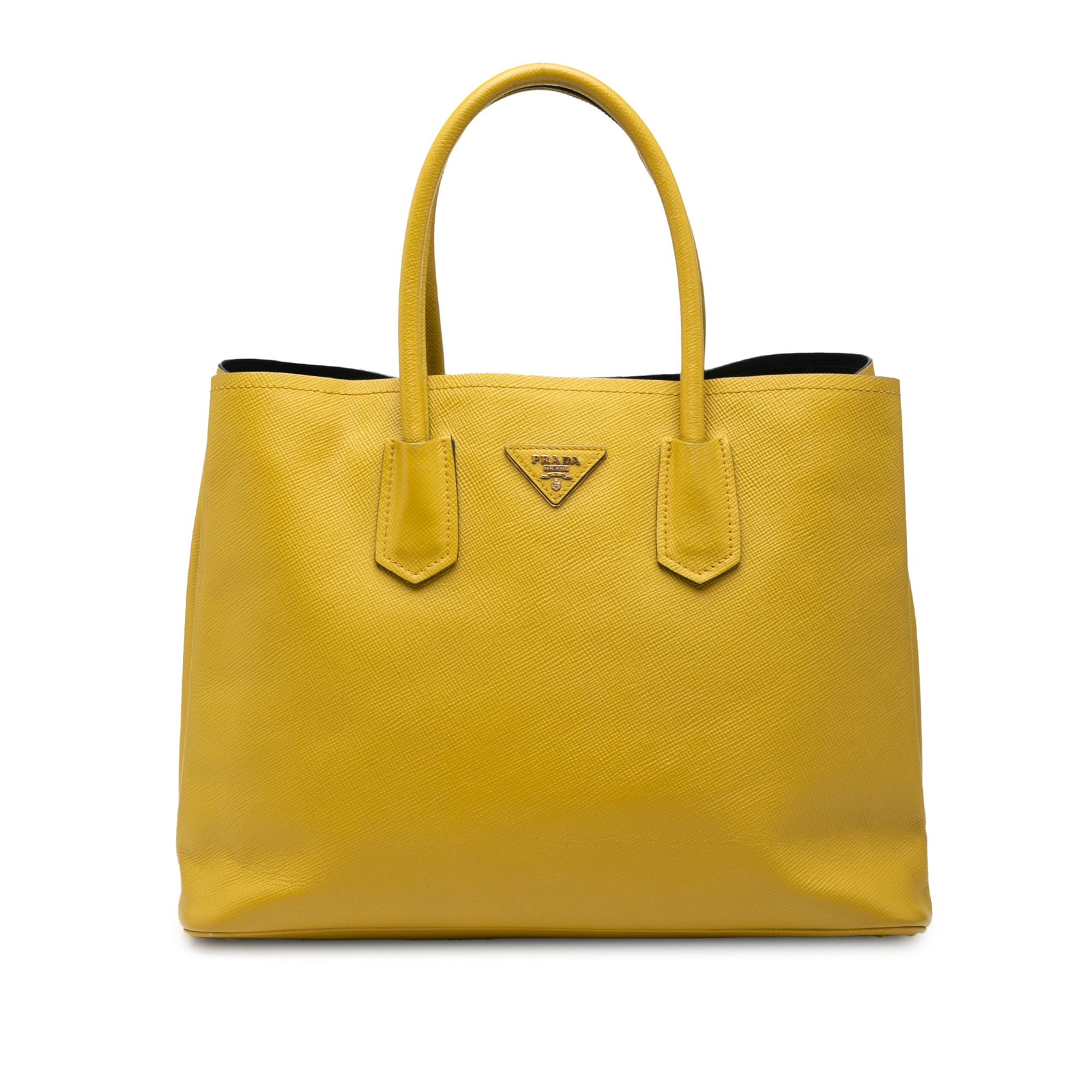 Yellow Saffiano Leather Prada Medium Double Handle Satchel Bag: Yellow Saffiano Leather Prada Medium Double Handle Satchel Bag This Prada Medium Saffiano Cuir Double Satchel is crafted from yellow saffiano leather and features rolled leather handles, an open top, 