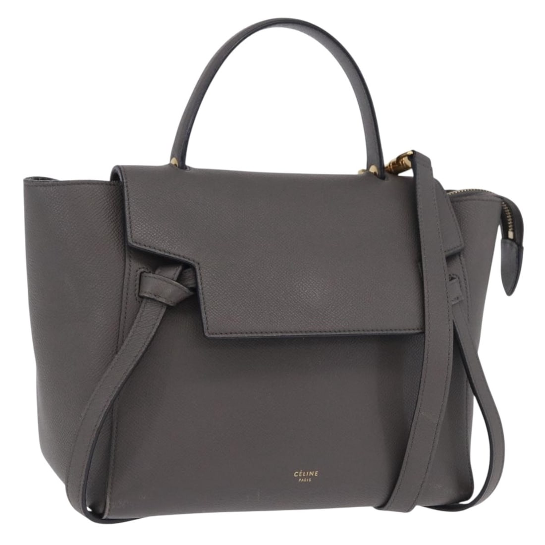 CELINE Micro Belt Bag Gray Leather 2way Handbag with Strap: CELINE Micro Belt Bag Gray Leather 2way Handbag with Strap Celine Belt Bag Micro 2-way handbag in gray leather with gold-tone accents. This women's bag includes a top handle and a detachable shoulder 