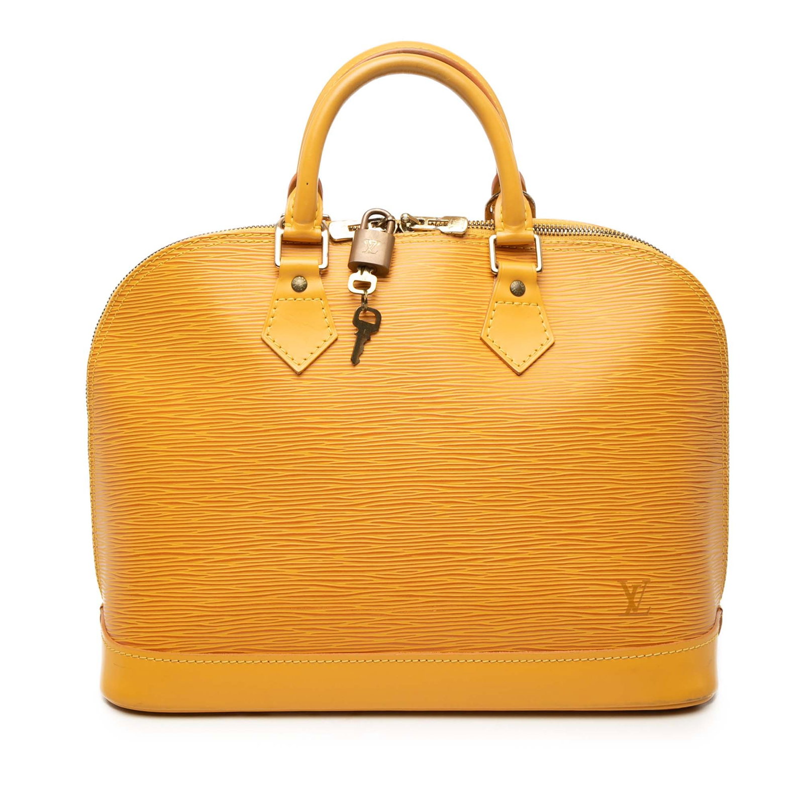 Louis Vuitton Alma PM Epi Leather Handbag Yellow: Louis Vuitton Alma PM Epi Leather Handbag Yellow Louis Vuitton Epi Alma PM handbag crafted in yellow Epi leather with rolled leather handles, a top zip closure, and an interior slip pocket. Made in Fr