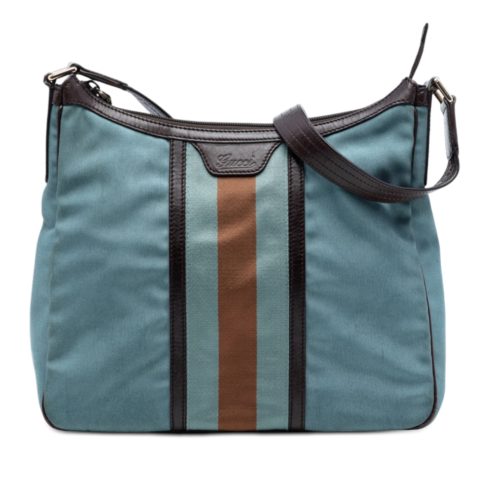 Blue Canvas Shoulder Bag with Leather Trim and Web Detail by Gucci: Blue Canvas Shoulder Bag with Leather Trim and Web Detail by Gucci This Gucci Canvas Web Shoulder Bag features a blue canvas body with leather trim and signature web detail. It is designed with a flat