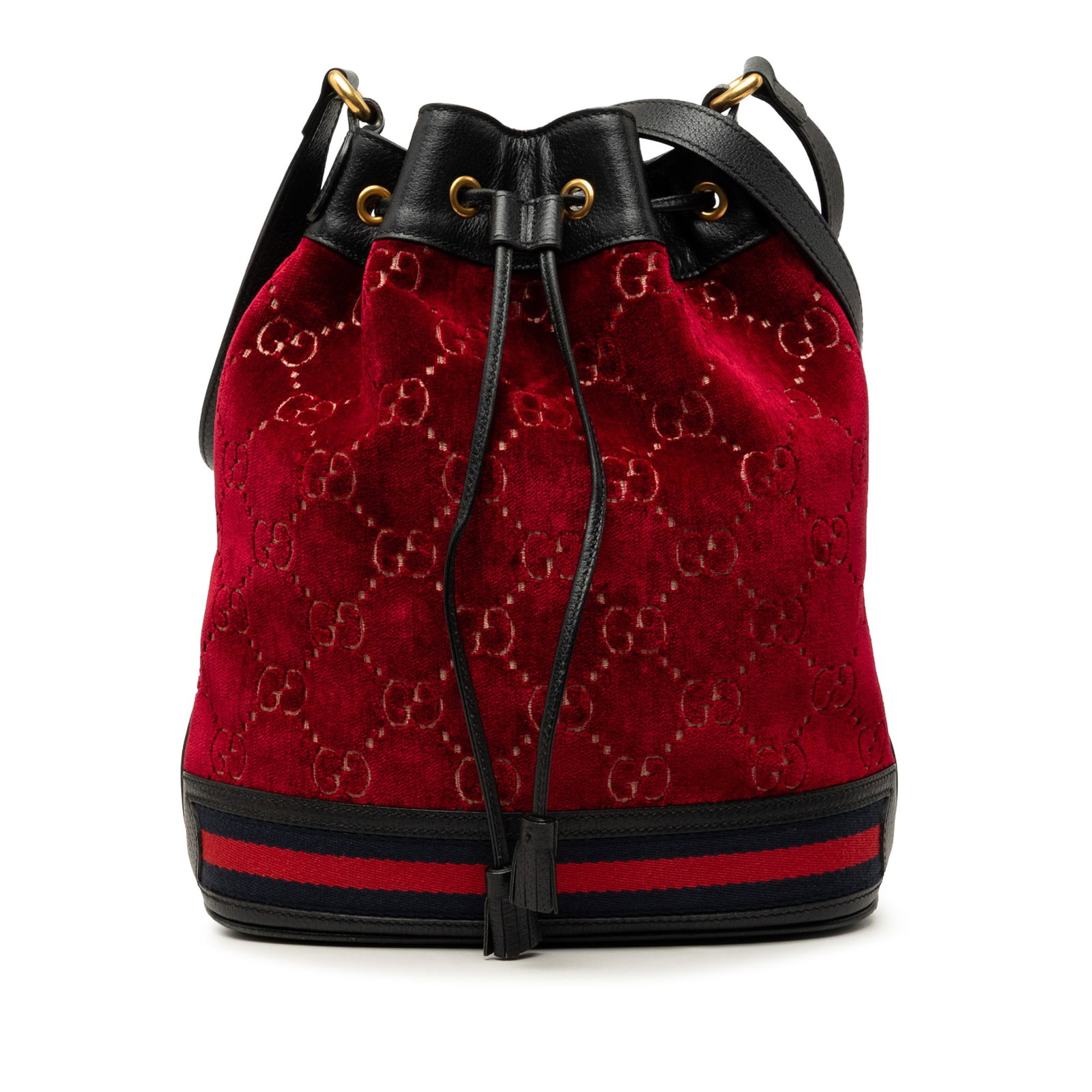 Gucci GG Velvet Web Drawstring Bucket Bag Red: Gucci GG Velvet Web Drawstring Bucket Bag Red Gucci GG Velvet Web Bucket bag crafted with a velvet fabric body and leather trim. It features a flat leather strap and a top drawstring closure. Includes