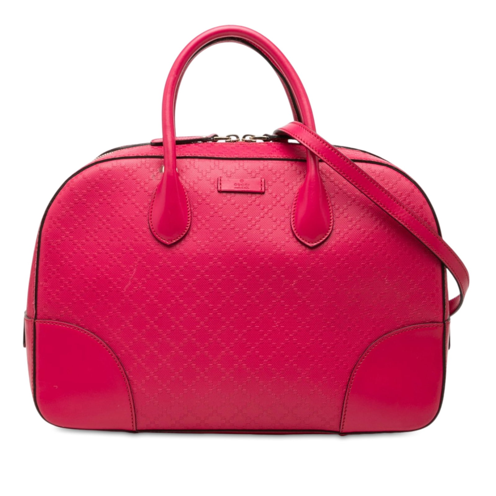 Gucci Diamante Bright pink leather satchel with shoulder strap: Gucci Diamante Bright pink leather satchel with shoulder strap A Gucci Diamante Bright satchel crafted in pink embossed leather with rolled leather handles and a detachable flat shoulder strap. The ba