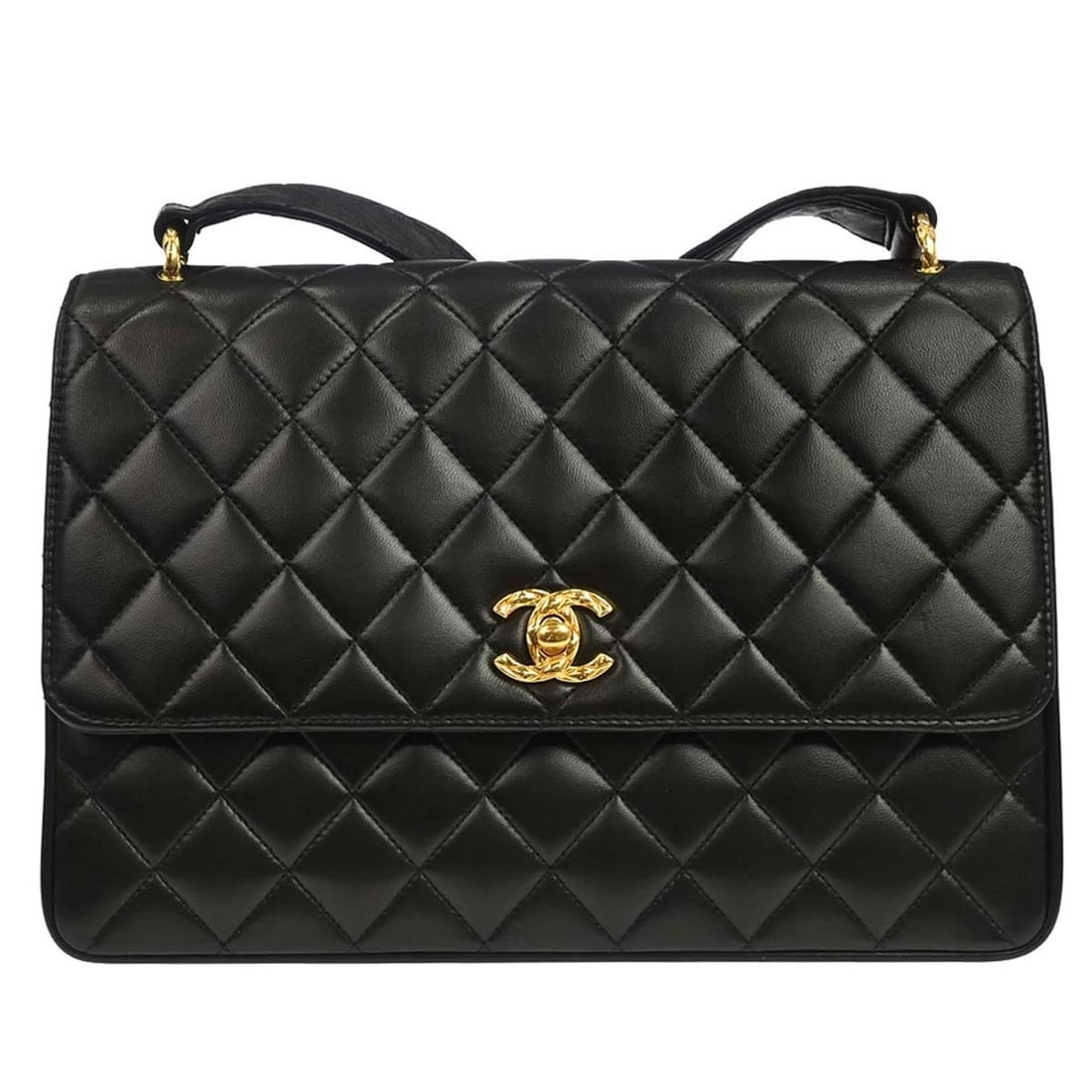 CHANEL Matelasse Small Shoulder Bag in Black Lambskin: CHANEL Matelasse Small Shoulder Bag in Black Lambskin Chanel single flap shoulder bag in black lambskin with a matelasse pattern and turnlock flap closure. This small shoulder bag features a chain str