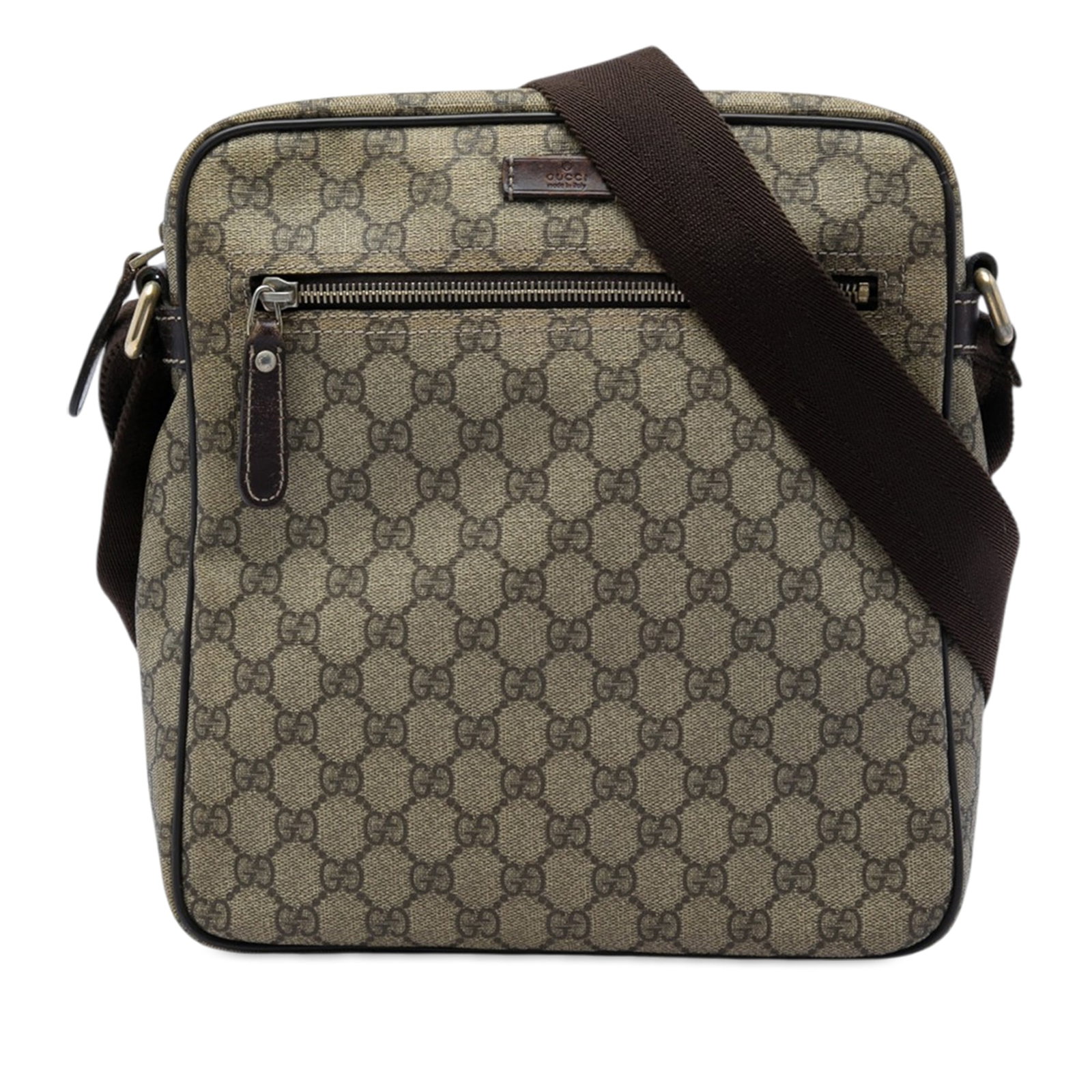 Gucci GG Supreme Beige Coated Canvas Crossbody Bag: Gucci GG Supreme Beige Coated Canvas Crossbody Bag Gucci GG Supreme Crossbody bag crafted with a coated canvas body and leather trim. The design includes a flat shoulder strap, top zip closure, exteri