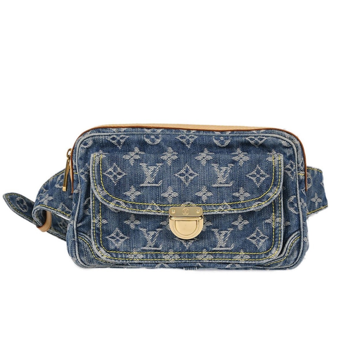 Louis Vuitton Monogram Denim Bum Bag Blue Waist Pouch M95347: Louis Vuitton Monogram Denim Bum Bag Blue Waist Pouch M95347 Louis Vuitton Monogram Denim bum bag in blue with leather trim and a zip closure. This medium waist pouch features an adjustable belt strap