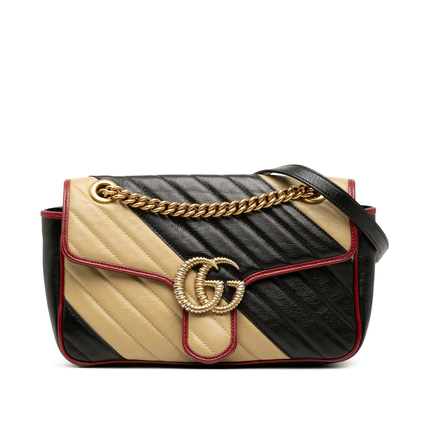 Gucci GG Marmont Medium Shoulder Bag in Bicolor Matelasse Calfskin: Gucci GG Marmont Medium Shoulder Bag in Bicolor Matelasse Calfskin Medium GG Marmont bicolor matelasse diagonal shoulder bag in black calfskin leather with a quilted body, chain link shoulder strap wi