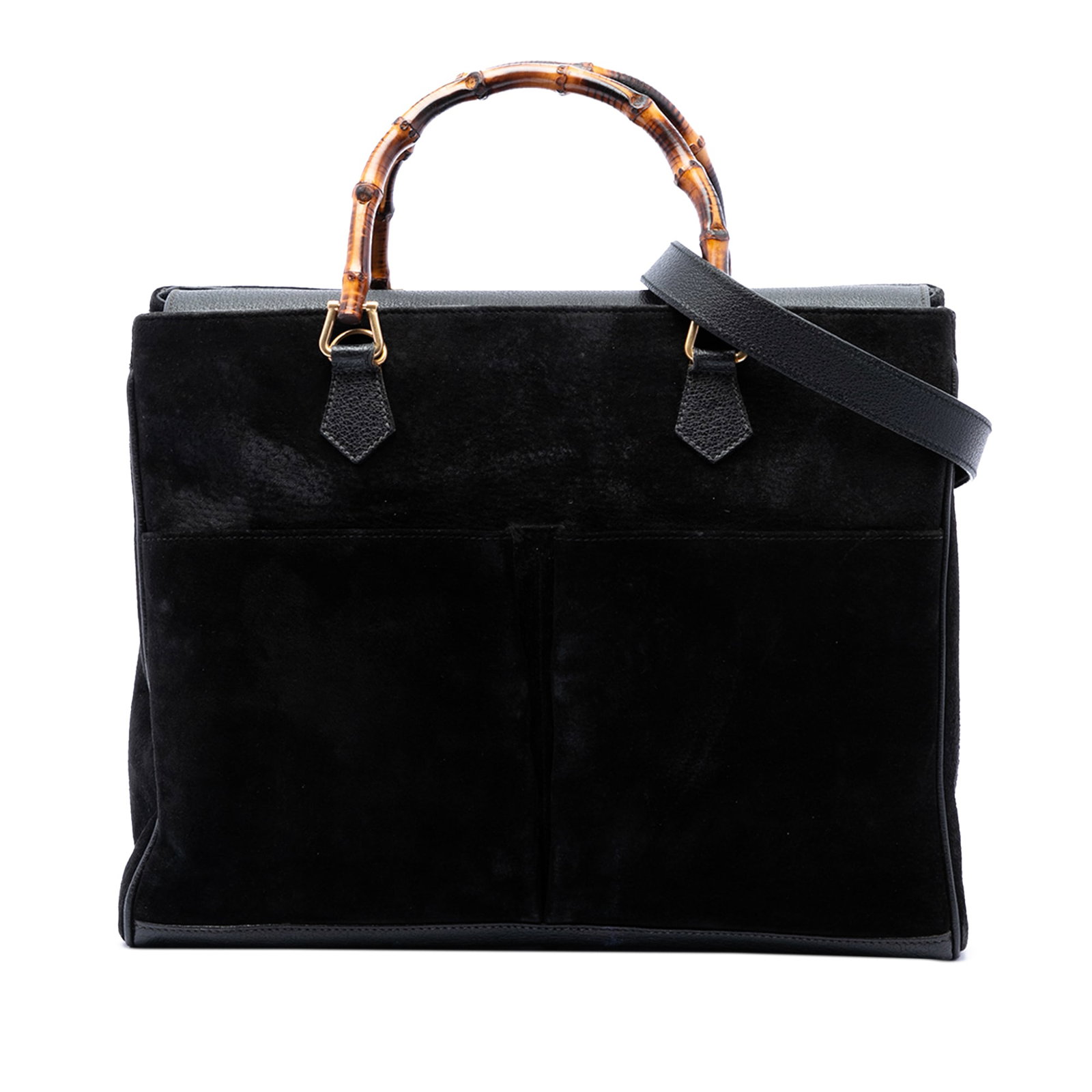 Gucci Suede Bamboo Satchel Bag with Detachable Strap: Gucci Suede Bamboo Satchel Bag with Detachable Strap Gucci suede bamboo satchel crafted in black suede leather with bamboo top handles and a detachable flat leather strap. The bag features a top flap 