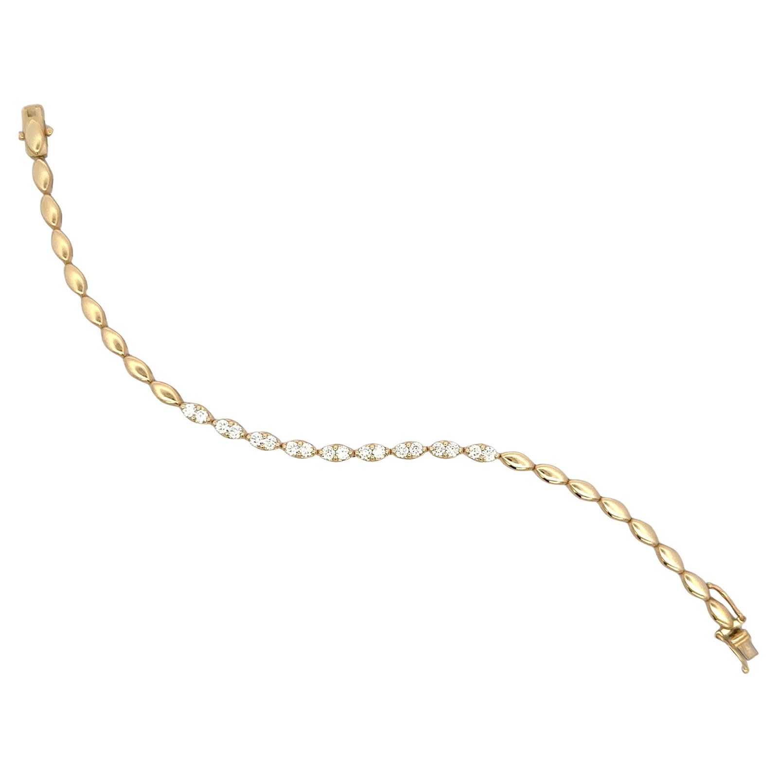 14K Yellow Gold Diamond Tennis Bracelet Pear Link 1.14 Carats 7 Inches: 14K Yellow Gold Diamond Tennis Bracelet Pear Link 1.14 Carats 7 Inches Contemporary 14 karat yellow gold tennis bracelet featuring 18 round brilliant diamonds with a total weight of 1.14 carats, set a