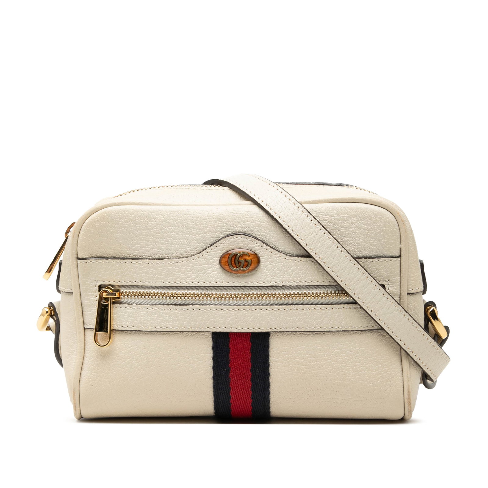 Gucci Ophidia Mini Leather Crossbody Bag White: Gucci Ophidia Mini Leather Crossbody Bag White A Gucci Ophidia mini crossbody bag crafted in white calfskin leather. It features an adjustable flat leather shoulder strap, a top zip closure, an exteri