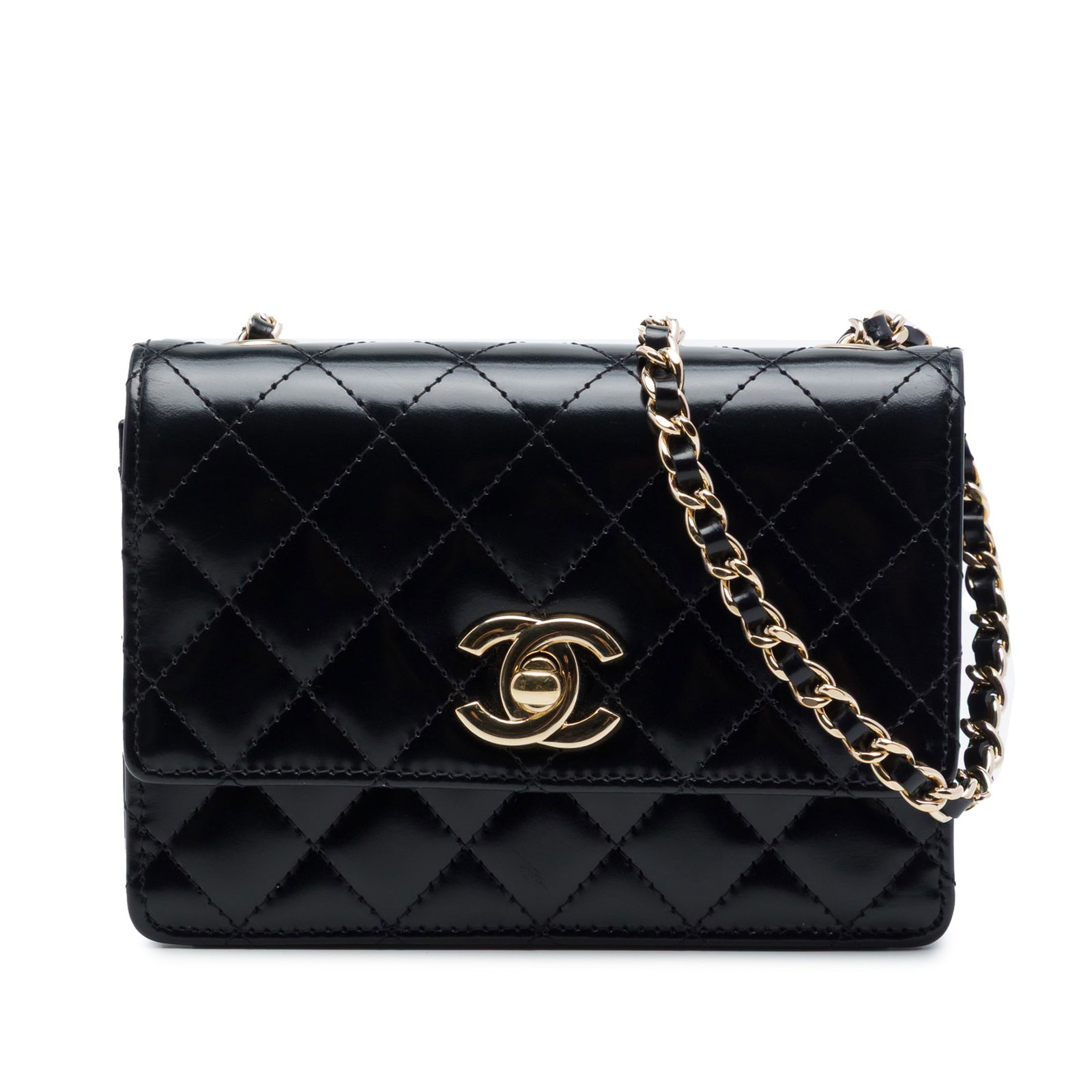 Chanel Micro CC Single Flap Crossbody in Quilted Shiny Calfskin: Chanel Micro CC Single Flap Crossbody in Quilted Shiny Calfskin Chanel Micro CC Quilted Shiny Calfskin Single Flap crossbody bag in black leather with a quilted body, leather-woven chain strap, and fl