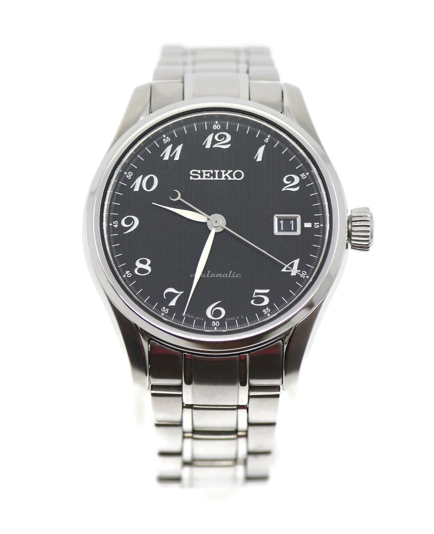 Seiko SARX039 Presage automatic stainless steel wristwatch with box papers: Seiko SARX039 Presage automatic stainless steel wristwatch with box papers Seiko Presage SARX039 men's wristwatch with a black analog dial, stainless steel case, and matching stainless steel bracelet.