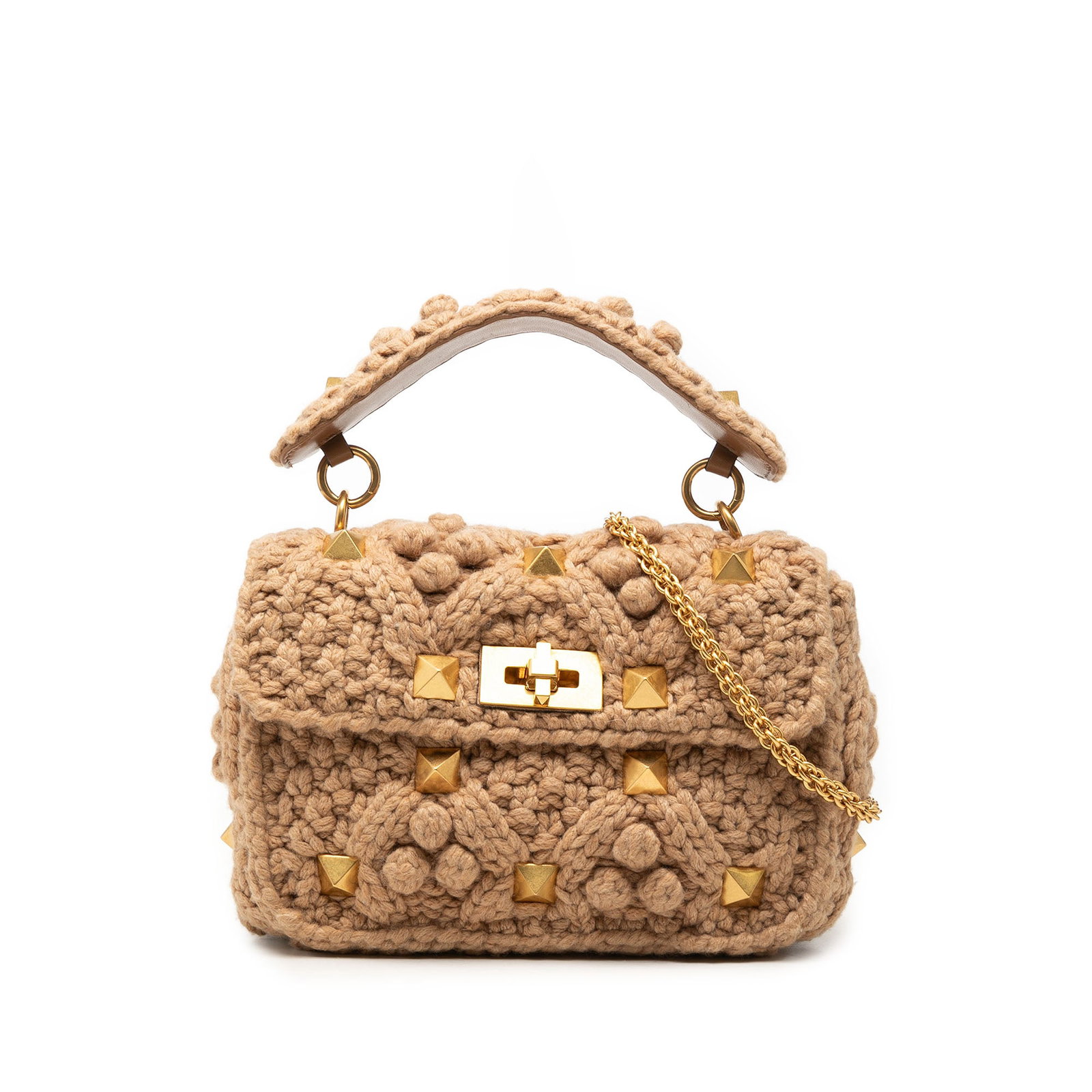Valentino Roman Stud Medium Knit Satchel Beige Fabric Bag: Valentino Roman Stud Medium Knit Satchel Beige Fabric Bag A Valentino Medium Knit Roman Stud Satchel in beige fabric with a knitted and studded design. This satchel features a flat top handle, a detac