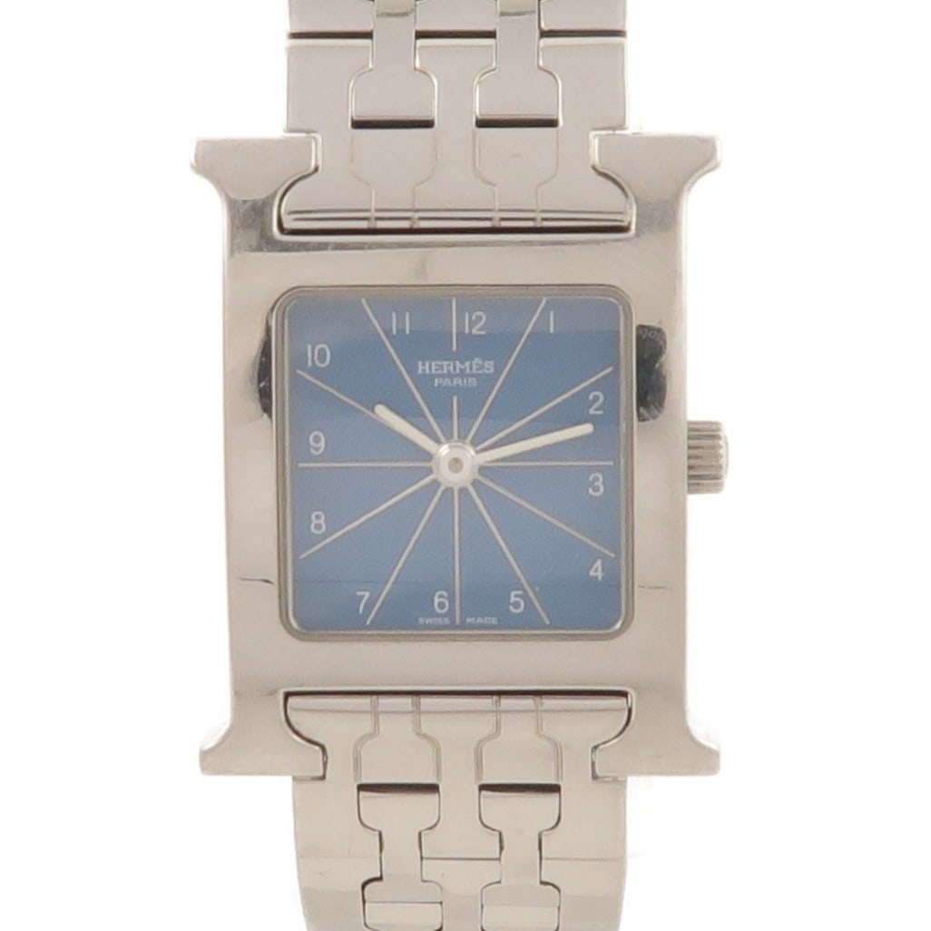 Hermes HH1.210 H Watch Blue Dial Stainless Steel Wristwatch: Hermes HH1.210 H Watch Blue Dial Stainless Steel Wristwatch Hermes H Watch model HH1.210 for women, featuring a blue dial and blue frame with a stainless steel case and stainless steel band. This quar