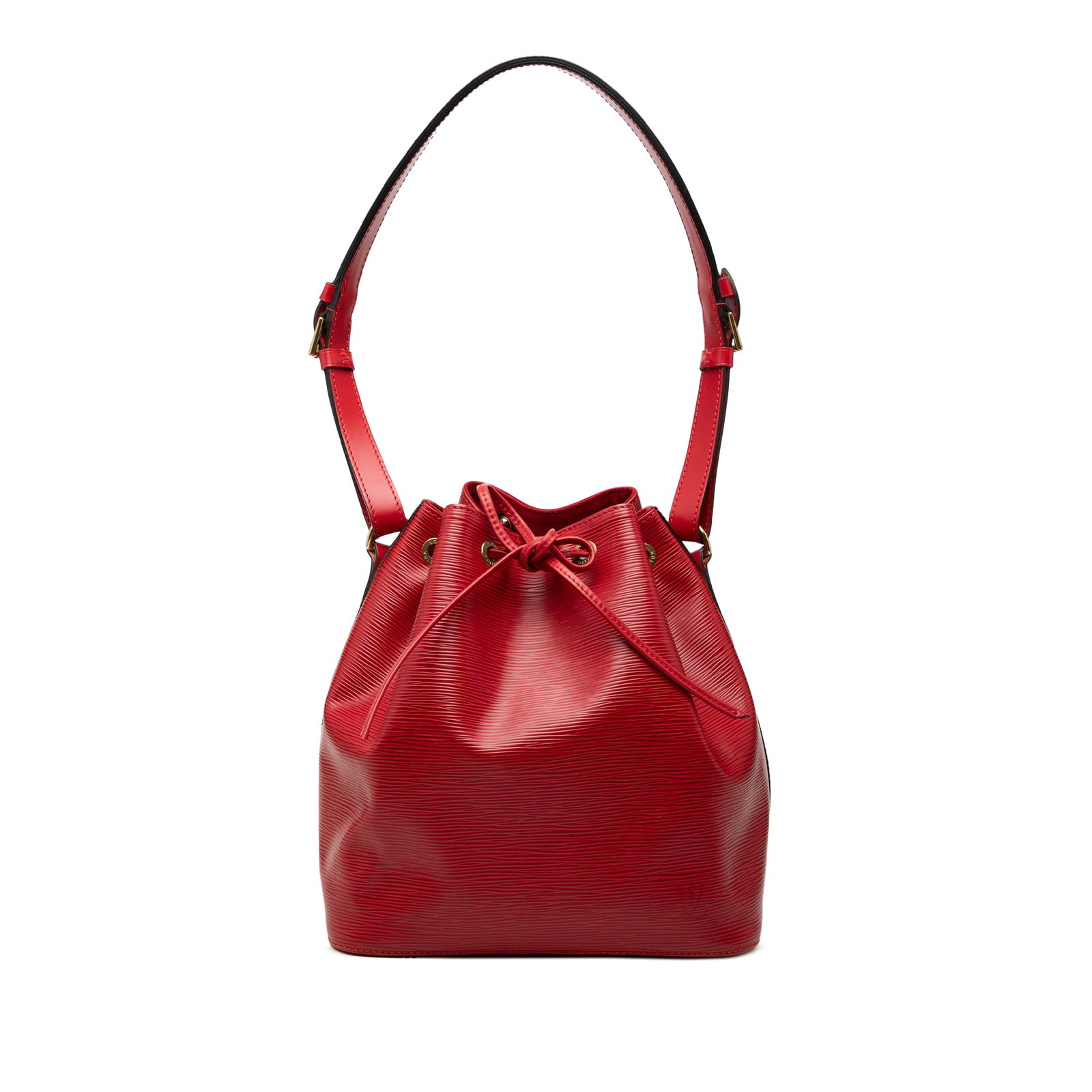 Louis Vuitton Epi Petit Noe Red Leather Bucket Bag: Louis Vuitton Epi Petit Noe Red Leather Bucket Bag Louis Vuitton Petit Noe in red Epi leather with flat leather shoulder straps and a drawstring closure. Includes a dust bag. Condition is B+ with visi
