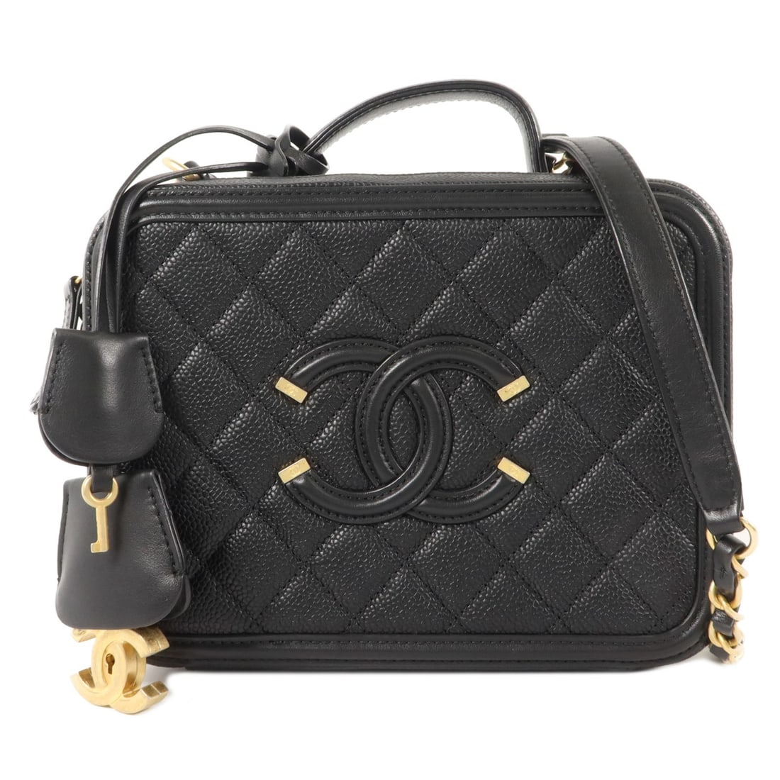 CHANEL A93343 Medium Vanity Case 2 Way Shoulder Bag Black Calfskin: CHANEL A93343 Medium Vanity Case 2 Way Shoulder Bag Black Calfskin Medium Chanel CC Filigree Vanity Case 2-way bag in black calfskin. This women's bag features a top handle, shoulder strap, zip-fasten