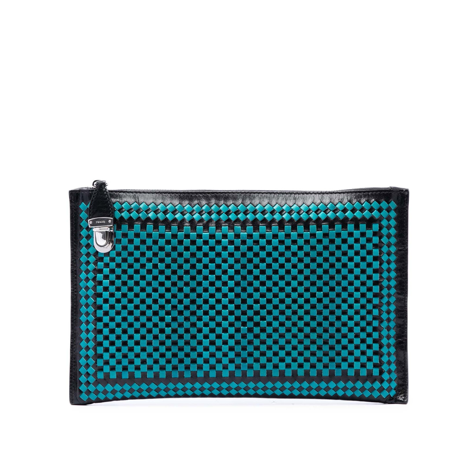 Blue Leather Zip Clutch Prada Madras Woven Goatskin: Blue Leather Zip Clutch Prada Madras Woven Goatskin Prada woven goatskin leather zip clutch in blue with a flat back handle and top zip closure. The interior includes zip and slip pockets for organiza
