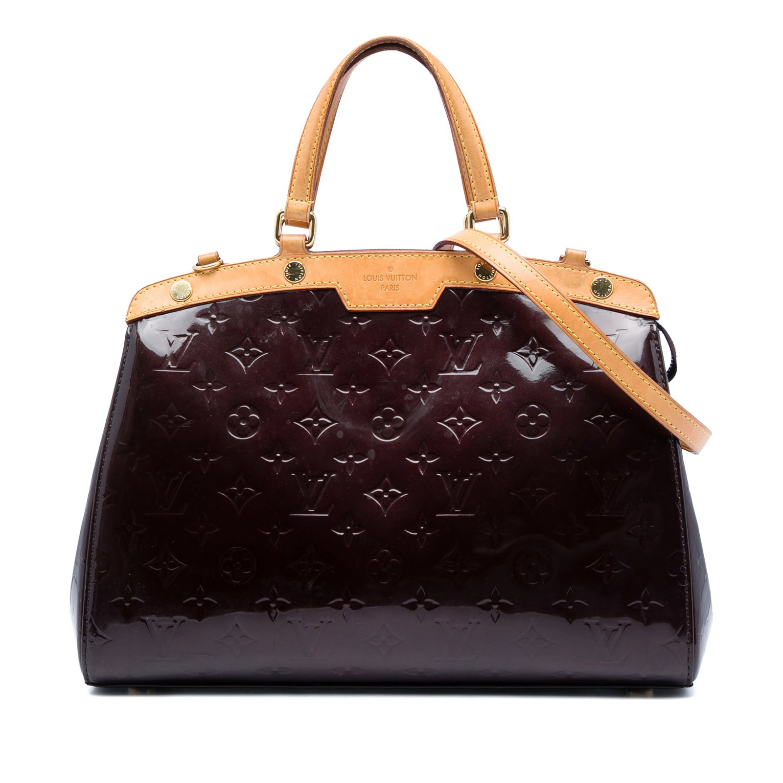 Purple Vernis Leather Satchel Louis Vuitton Brea MM: Purple Vernis Leather Satchel Louis Vuitton Brea MM Louis Vuitton Monogram Vernis Brea MM handbag crafted in vernis leather with vachetta leather trim. This structured bag features flat vachetta leath