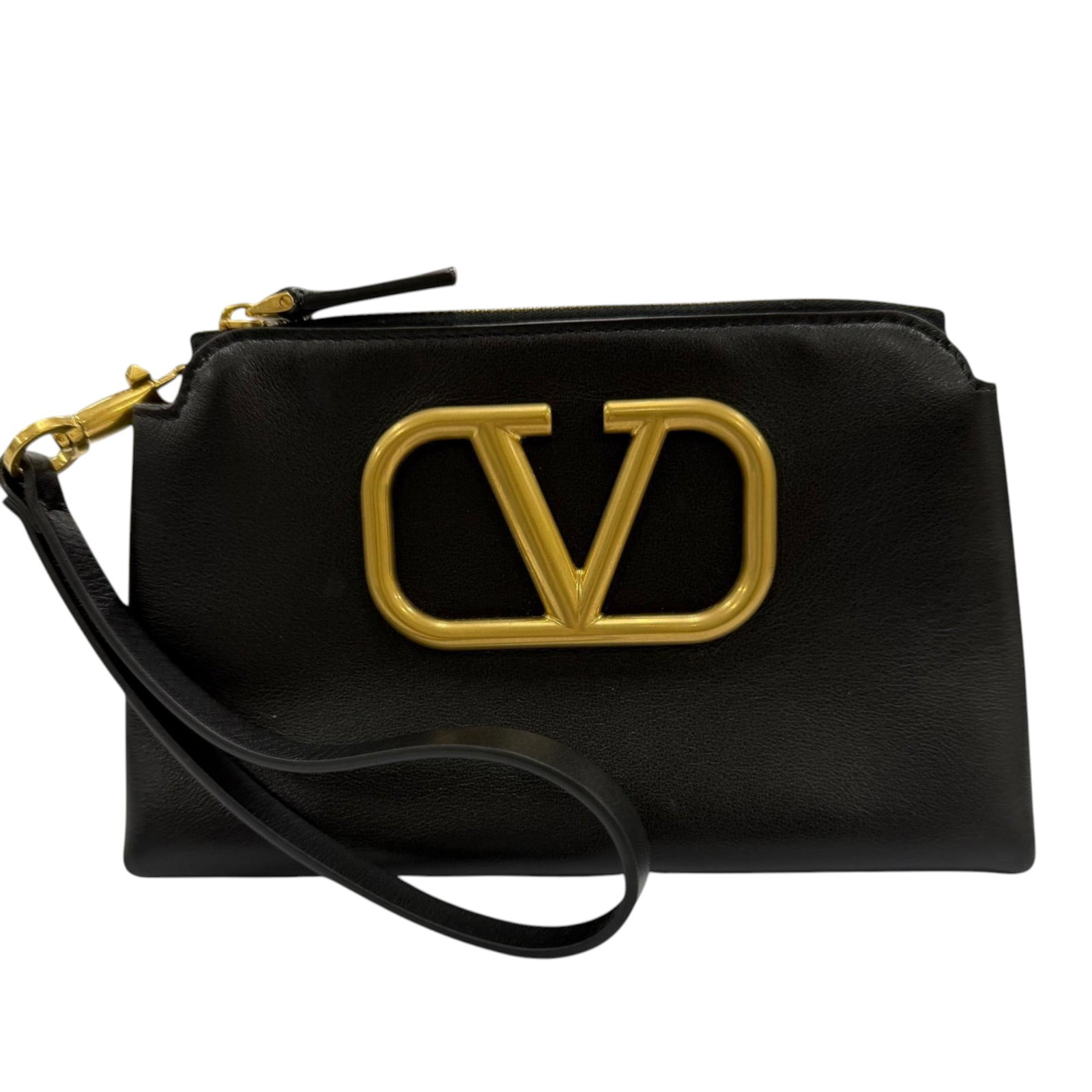 Valentino VLogo leather cosmetic wristlet pouch in black: Valentino VLogo leather cosmetic wristlet pouch in black A Valentino Calfskin VLogo cosmetic pouch in black leather with logo detail. It features a detachable flat wrist strap, top zip closure, and in