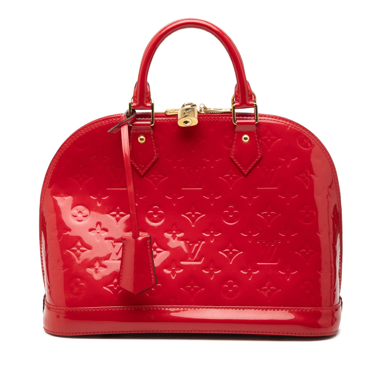 Louis Vuitton Alma PM Monogram Vernis Leather Handbag: Louis Vuitton Alma PM Monogram Vernis Leather Handbag The Louis Vuitton Monogram Vernis Alma PM is a structured handbag crafted in red monogram vernis leather. It features rolled leather handles, a to