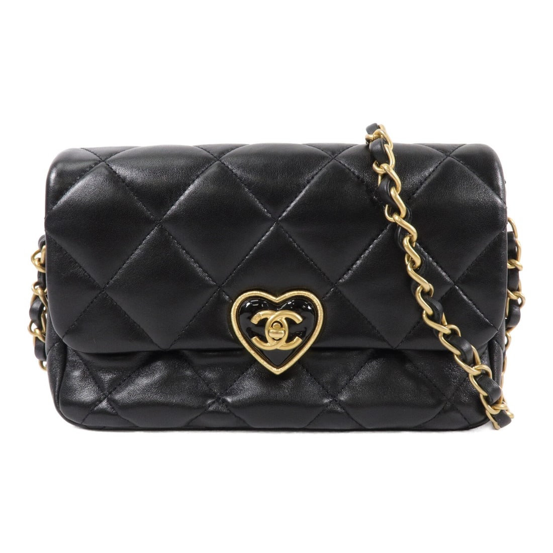 CHANEL AS3986 Heart Flap Shoulder Bag Black Lambskin CC GHW: CHANEL AS3986 Heart Flap Shoulder Bag Black Lambskin CC GHW A CHANEL Heart Flap shoulder bag in black lambskin leather with gold-tone hardware. The bag features a turn lock closure, a chain shoulder s