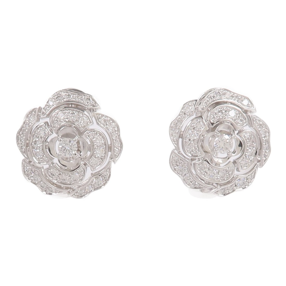 CHANEL J12072 Bouton De Camelia CC Diamond Pierced Earrings 18K White Gold: CHANEL J12072 Bouton De Camelia CC Diamond Pierced Earrings 18K White Gold CHANEL CC Bouton De Camelia pierced earrings in 18K white gold with diamond accents. This women's pair features the Bouton De