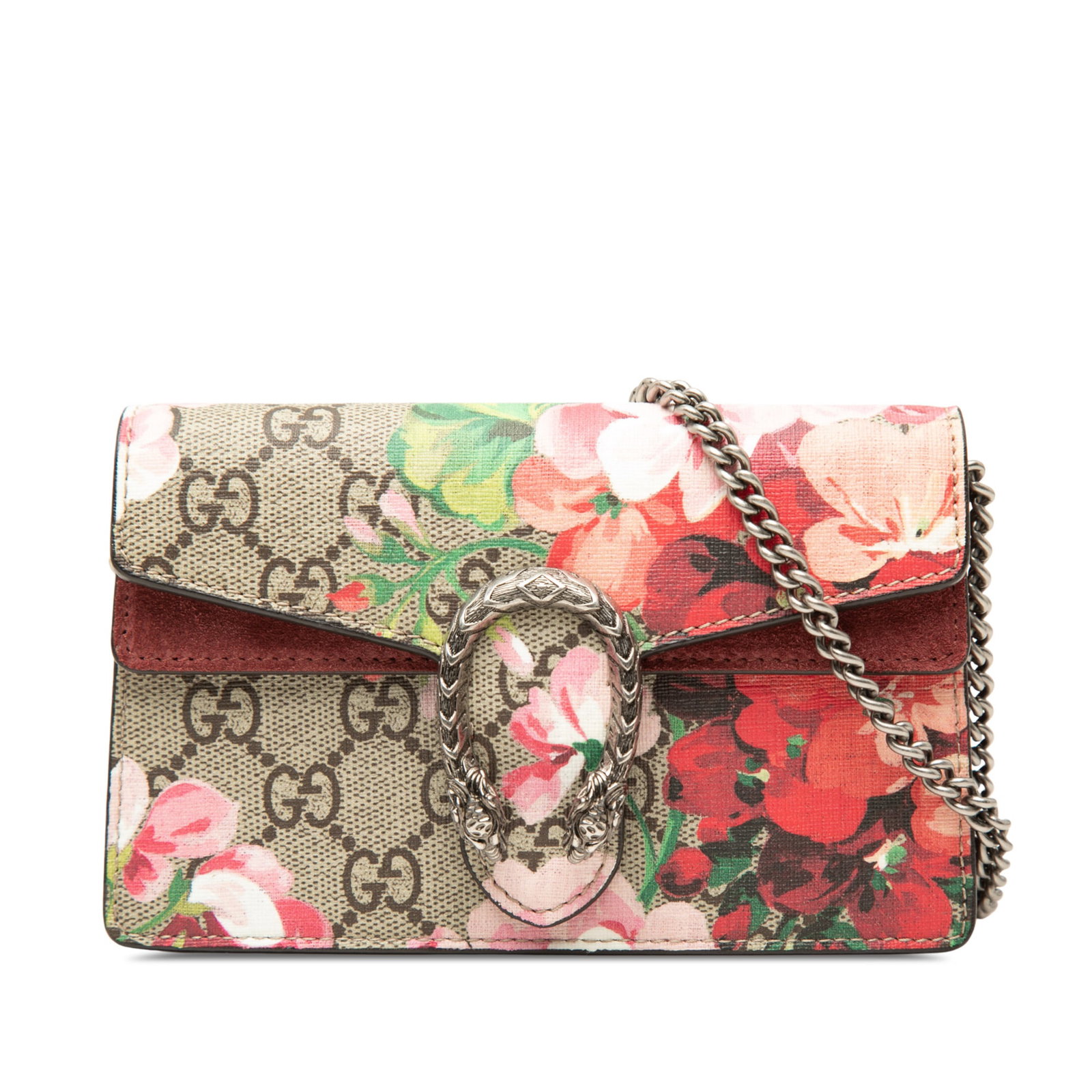 Gucci Dionysus Mini GG Supreme Blooms Floral Crossbody Bag: Gucci Dionysus Mini GG Supreme Blooms Floral Crossbody Bag A Gucci Mini GG Supreme Blooms Dionysus crossbody bag crafted with a floral printed coated canvas body, suede leather trim, and a chain link 