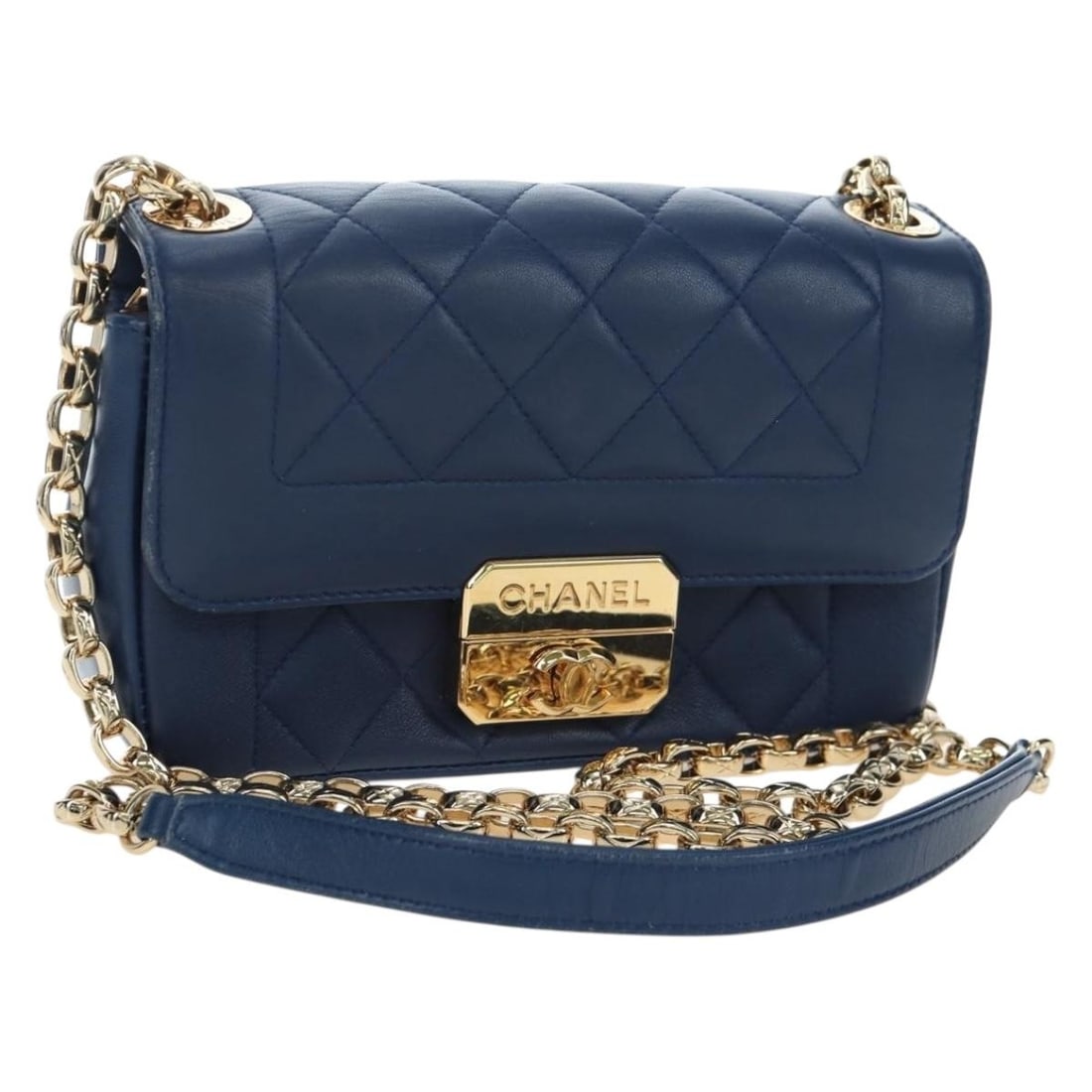 CHANEL Matelasse Lamb Skin Shoulder Bag Blue with CC Chain: CHANEL Matelasse Lamb Skin Shoulder Bag Blue with CC Chain Chanel Matelasse chain shoulder bag crafted in blue lamb skin with gold-tone CC detailing. This women's shoulder bag includes the guarantee c