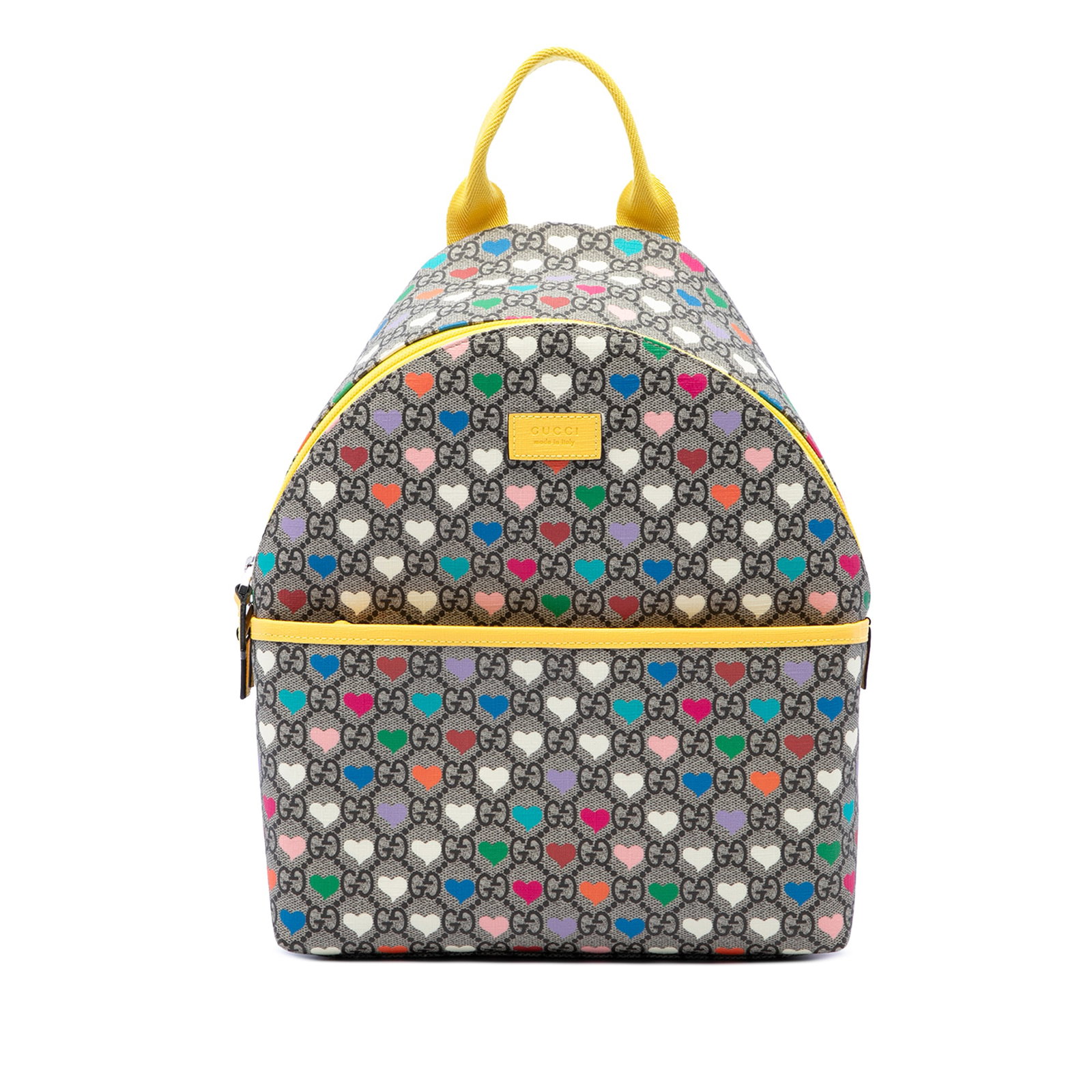 Gucci Kids GG Supreme Hearts Web Backpack Beige: Gucci Kids GG Supreme Hearts Web Backpack Beige A Gucci Kids GG Supreme Web Hearts backpack crafted with a printed coated canvas body and designed with a flat top handle, adjustable flat web back stra