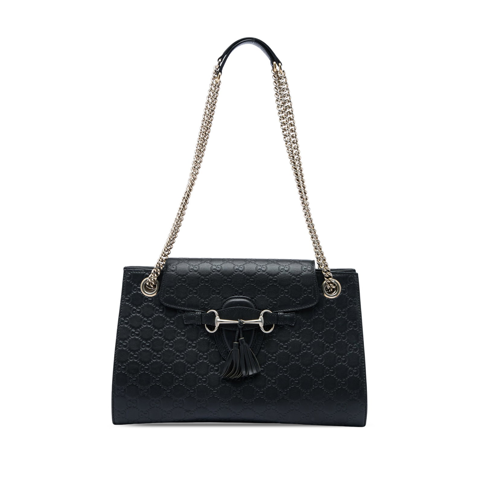 Gucci Emily Large Guccissima Leather Shoulder Bag Black: Gucci Emily Large Guccissima Leather Shoulder Bag Black A Gucci Large Guccissima Emily shoulder bag crafted in black embossed leather. This shoulder bag features silver-tone chain link straps with fla