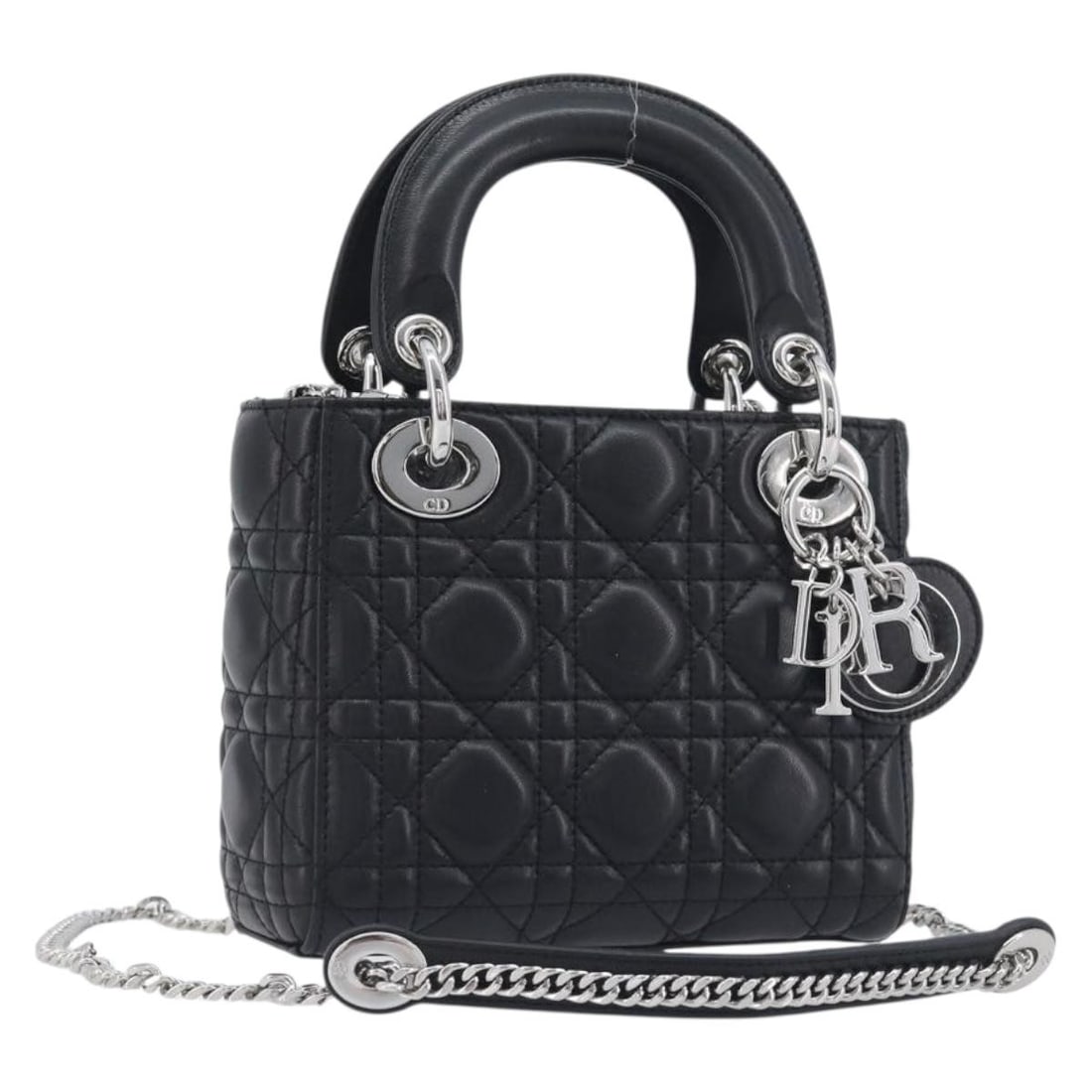 Christian Dior Lady Dior 2way leather handbag black silver tone: Christian Dior Lady Dior 2way leather handbag black silver tone Christian Dior Lady Dior 2-way handbag in black leather with silver-tone accents. This women's bag is made in Italy and includes a dust 