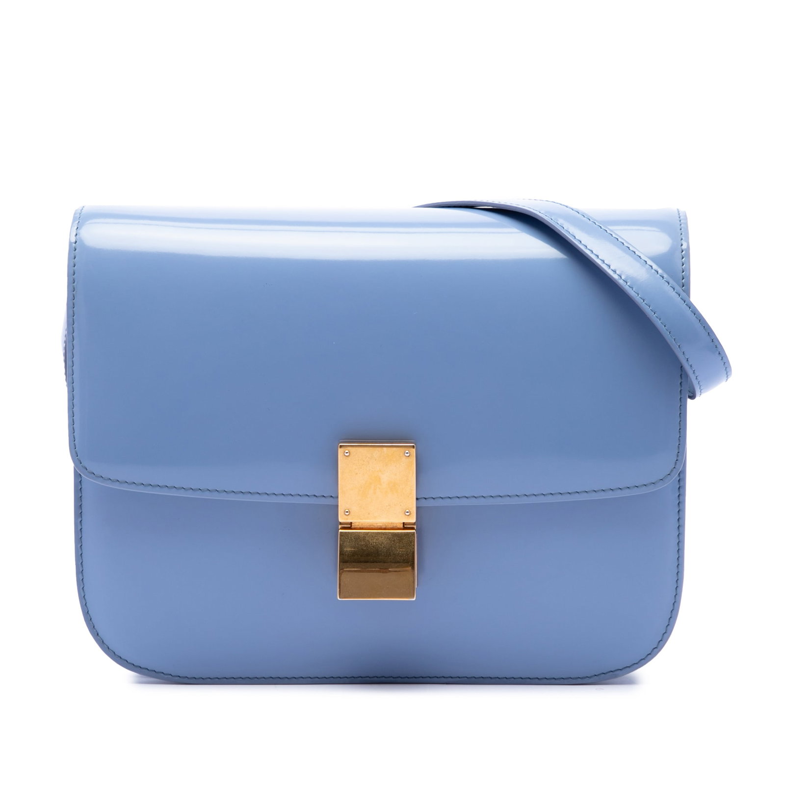 Celine Classic Box Medium Shiny Calfskin Crossbody Bag Blue: Celine Classic Box Medium Shiny Calfskin Crossbody Bag Blue Celine Medium Shiny Calfskin Classic Box crossbody bag in blue leather. This bag features an adjustable flat strap, a front flap with metal 