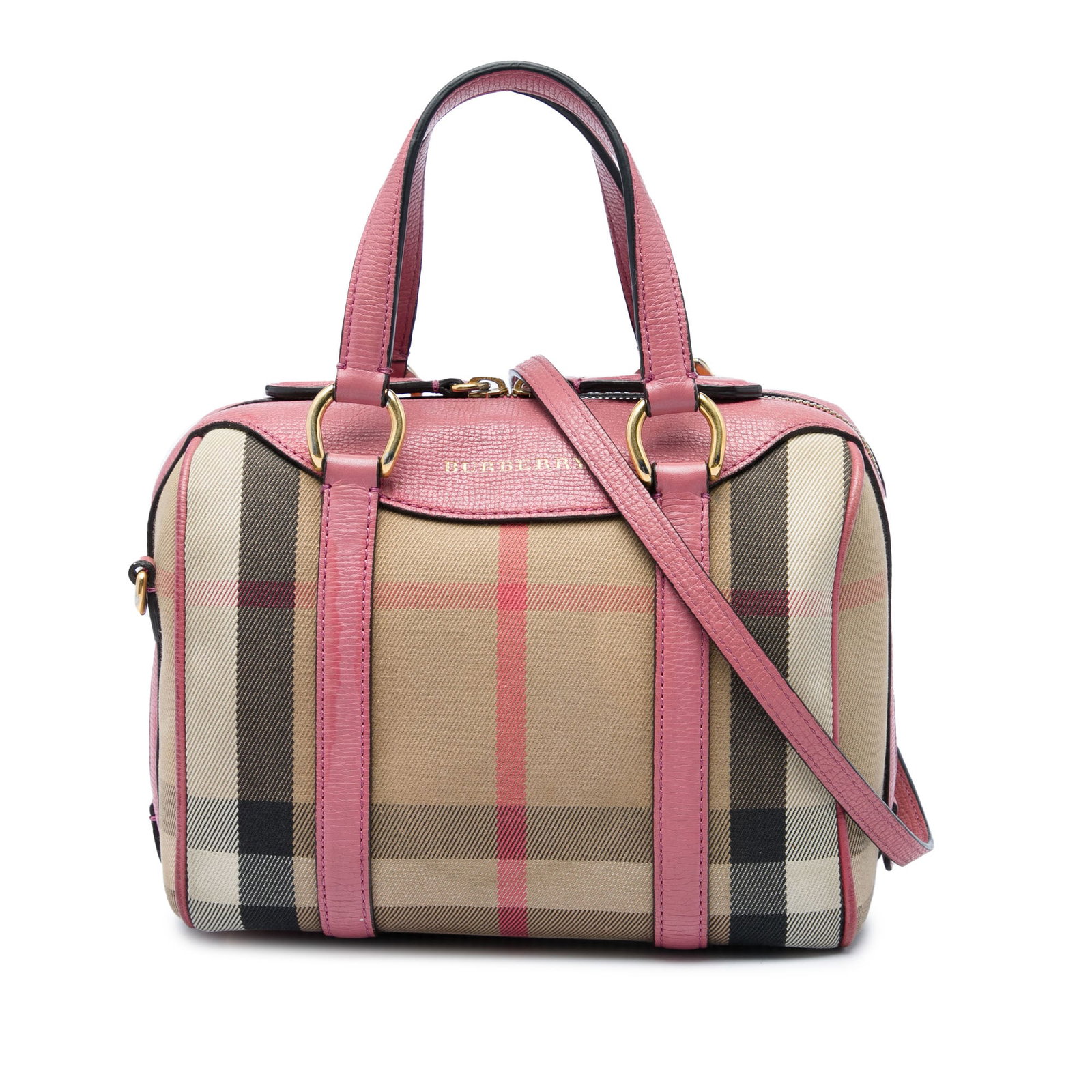 Burberry Alchester Small Bowling Bag in House Check Canvas: Burberry Alchester Small Bowling Bag in House Check Canvas A compact Burberry Alchester bowling bag crafted in house check canvas with leather trim. This satchel-style bag features flat leather handle