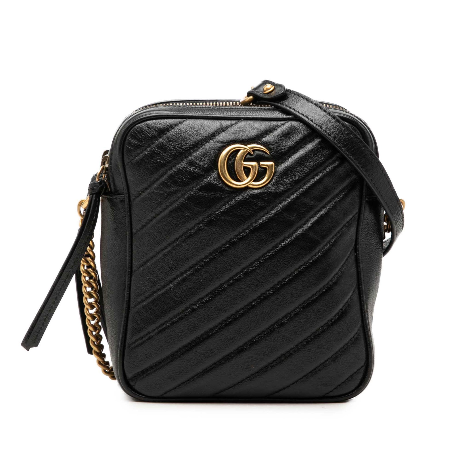 Gucci GG Marmont black leather double zip crossbody bag: Gucci GG Marmont black leather double zip crossbody bag Gucci GG Marmont Matelasse Leather Double Zip Crossbody in black quilted leather. This crossbody bag features a chain link strap with a leather 