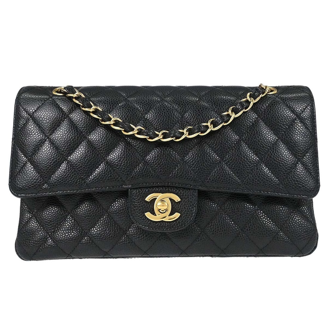CHANEL Classic Double Flap Medium Black Caviar Leather Shoulder Bag: CHANEL Classic Double Flap Medium Black Caviar Leather Shoulder Bag Chanel Classic Double Flap medium shoulder bag in black caviar skin leather with matelasse quilting and a turnlock closure. This wom