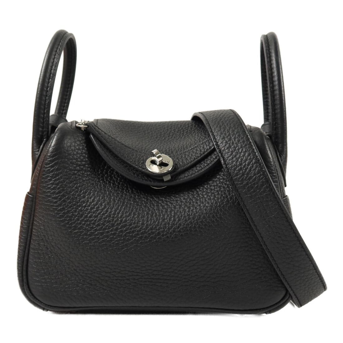 HERMES Mini Lindy Taurillon Clemence 2 Way Shoulder Bag Noir PHW: HERMES Mini Lindy Taurillon Clemence 2 Way Shoulder Bag Noir PHW Hermes Mini Lindy 2-way shoulder bag in Noir Taurillon Clemence leather with palladium-tone hardware. This women's bag is made in Franc