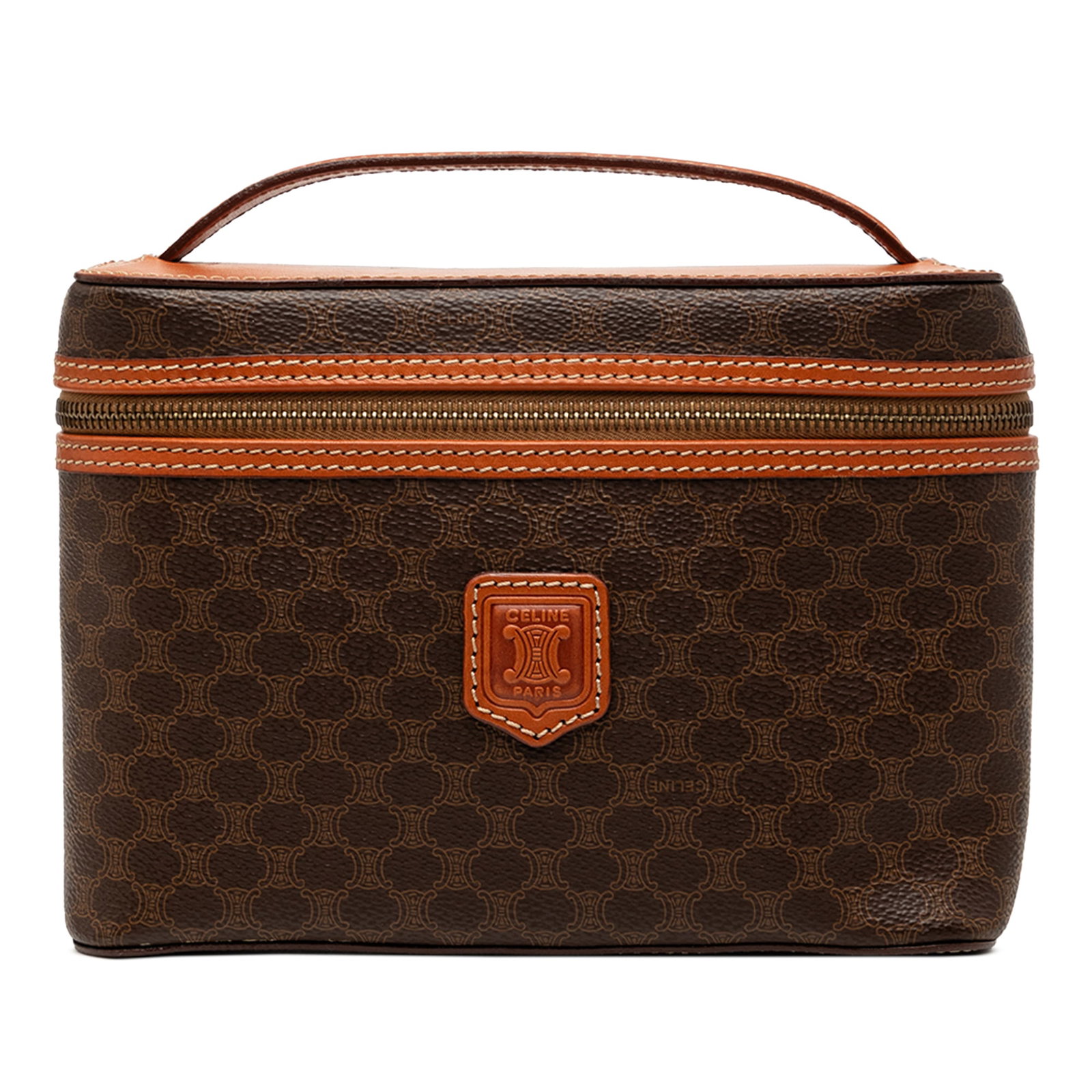Celine Macadam Vanity Bag in Brown Coated Canvas: Celine Macadam Vanity Bag in Brown Coated Canvas A Celine Macadam vanity bag crafted with a coated canvas body and leather trim. This compact design features a flat top handle and a zip-around top clo