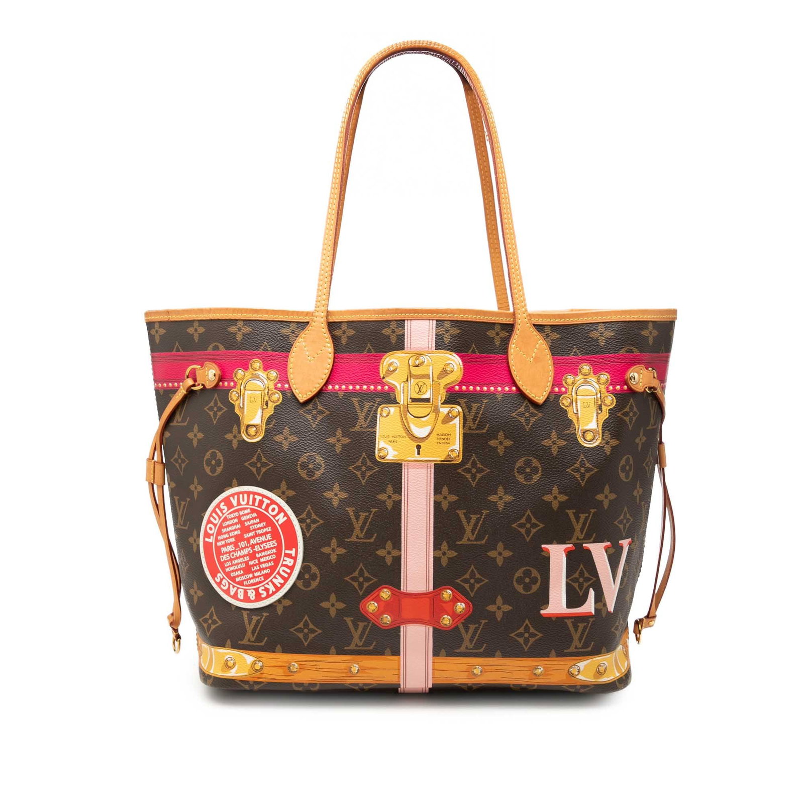 Louis Vuitton Neverfull MM Monogram Summer Trunks Tote Bag: Louis Vuitton Neverfull MM Monogram Summer Trunks Tote Bag This Louis Vuitton Monogram Summer Trunks Neverfull MM tote is crafted with a printed monogram canvas body and flat vachetta leather straps. 