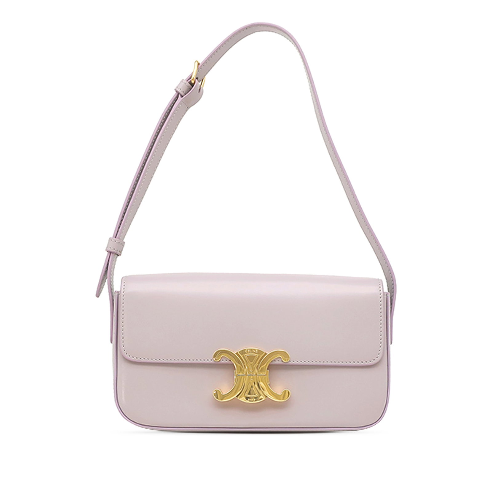 Celine Triomphe Claude Shoulder Bag in Purple Shiny Calfskin: Celine Triomphe Claude Shoulder Bag in Purple Shiny Calfskin Celine Triomphe Claude shoulder bag in shiny calfskin leather with a structured silhouette and elegant flap-front design. It features a fla