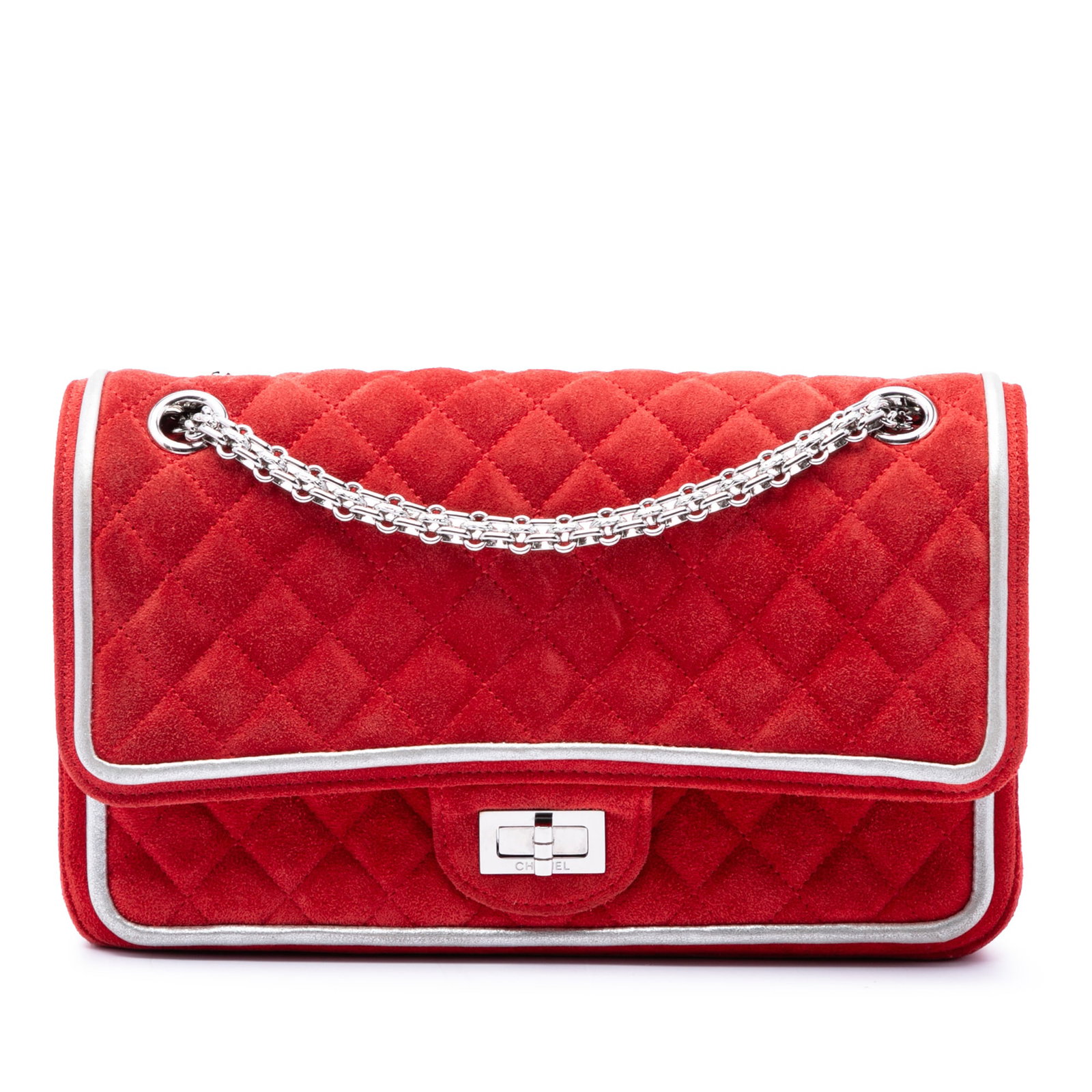 Chanel Reissue 2.55 225 quilted suede double flap bag: Chanel Reissue 2.55 225 quilted suede double flap bag A Chanel Reissue 2.55 Double Flap 225 bag crafted with a quilted suede body and metallic leather trim. This red bag features chain link straps, do
