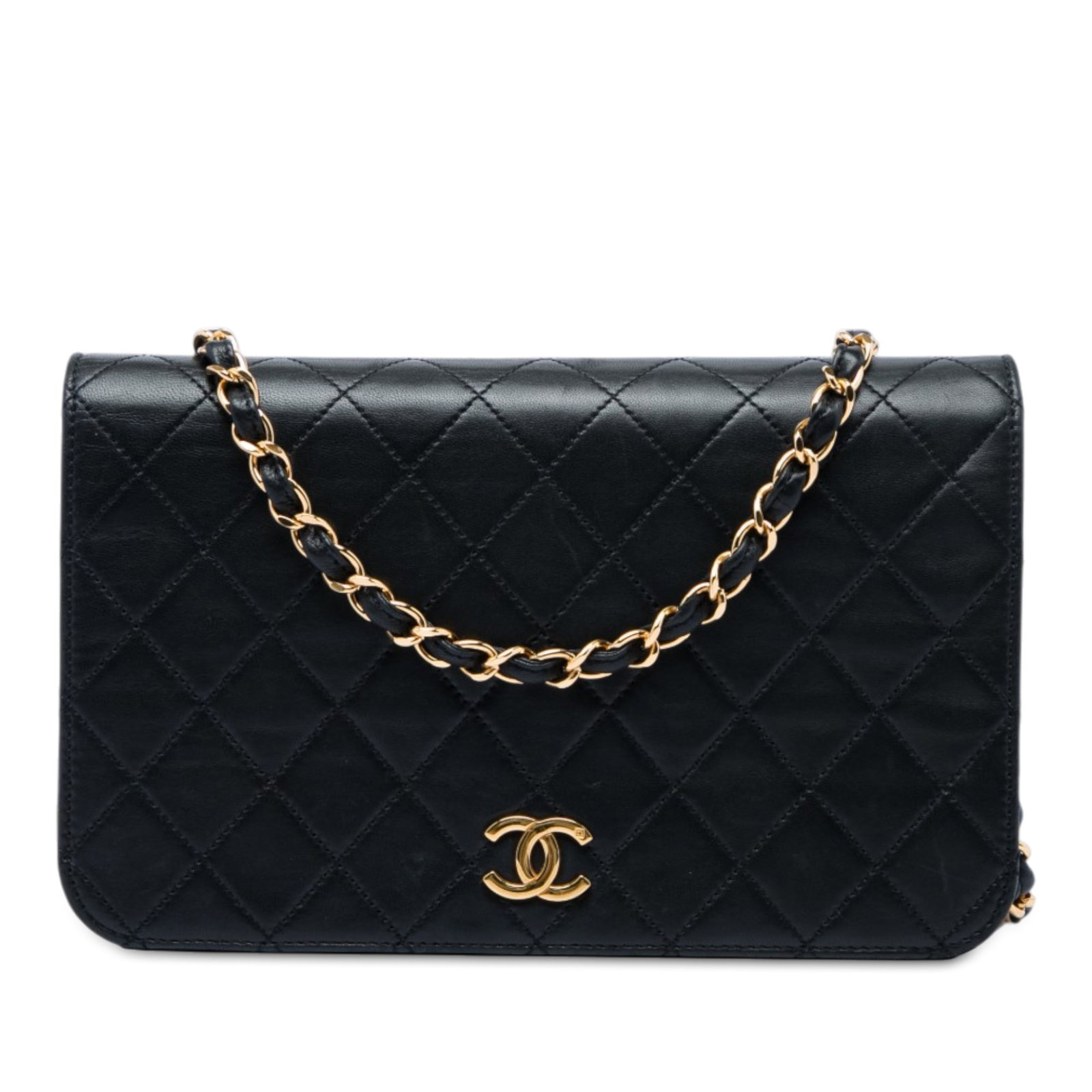 Chanel CC Full Single Flap Quilted Lambskin Crossbody Bag: Chanel CC Full Single Flap Quilted Lambskin Crossbody Bag Chanel CC Quilted Lambskin Full Single Flap crossbody bag in black quilted lambskin leather. It features a leather-woven chain strap, a front 