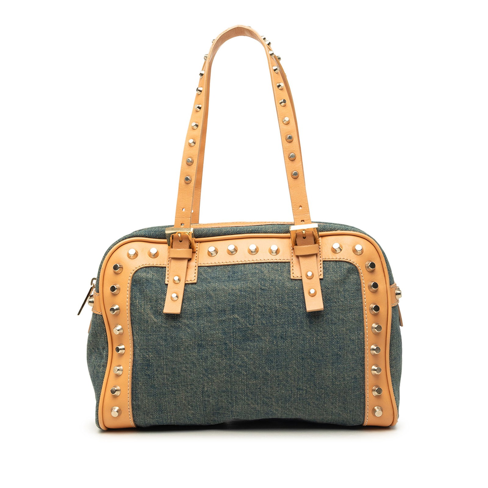 Fendi denim shoulder bag with studs and leather trim: Fendi denim shoulder bag with studs and leather trim A Fendi shoulder bag crafted with a studded denim body, leather trim, flat leather straps, a top zip closure, and an interior zip pocket. This Ital