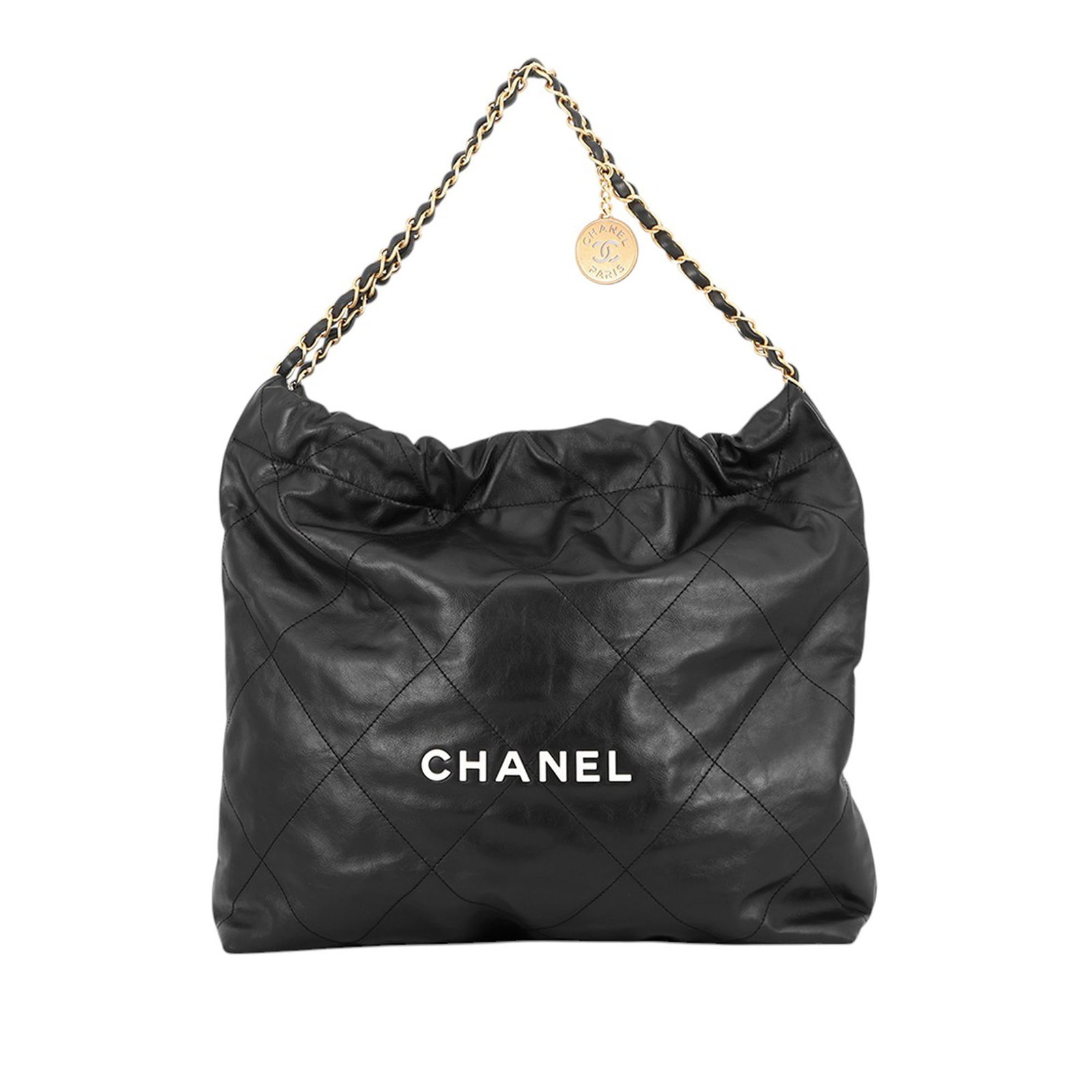 Chanel 22 Medium Quilted Shiny Calfskin Leather Handbag Black: Chanel 22 Medium Quilted Shiny Calfskin Leather Handbag Black A Chanel Medium Quilted Shiny Calfskin 22 handbag crafted in black shiny calf leather. This tote-style bag features leather-woven chain li