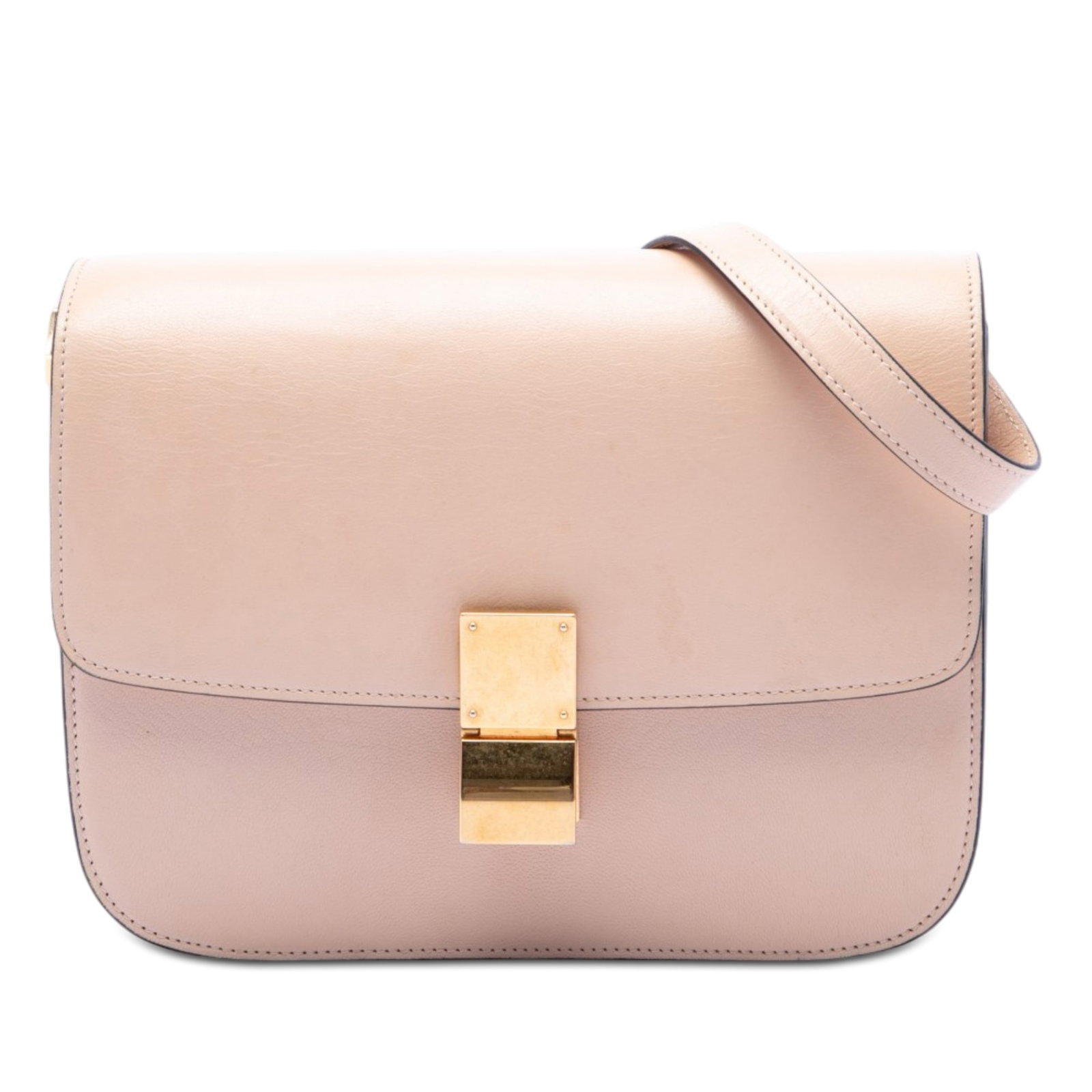 Celine Classic Box Medium Calfskin Shoulder Bag Pink: Celine Classic Box Medium Calfskin Shoulder Bag Pink A Celine Medium Calfskin Classic Box bag in pink leather with an adjustable flat leather strap, front flap, and push-lock closure. The interior inc